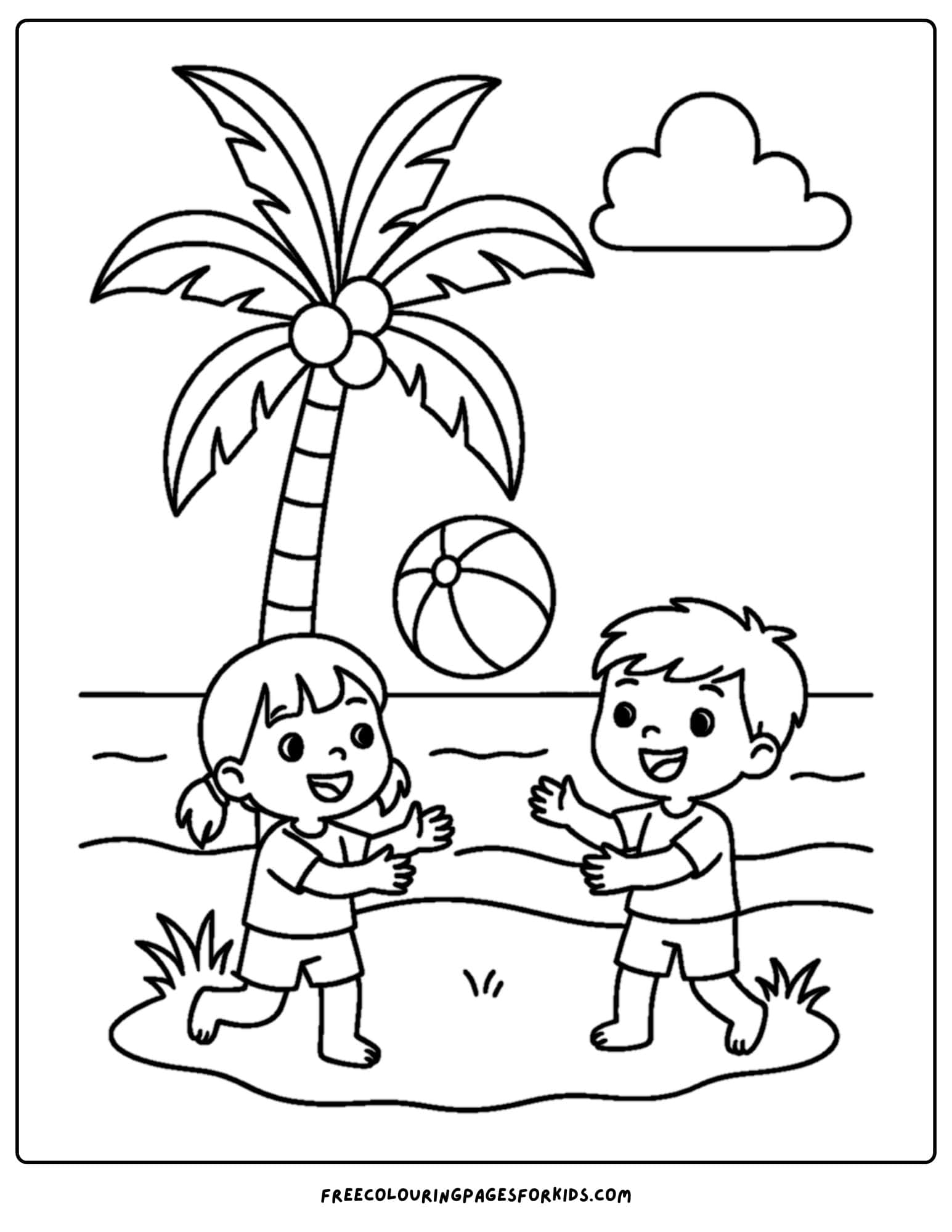 a palm tree coloring page featuring a palm tree with kids playing ball underneath it in the shade