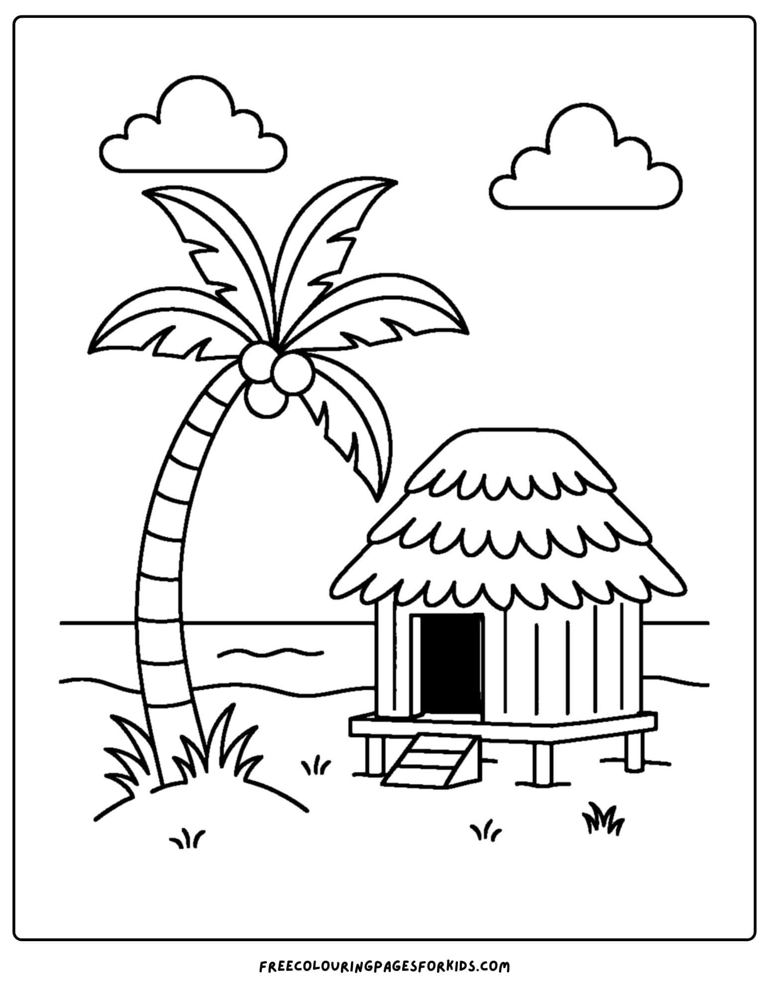 a palm tree coloring page featuring a beach hut and palm tree on the beach