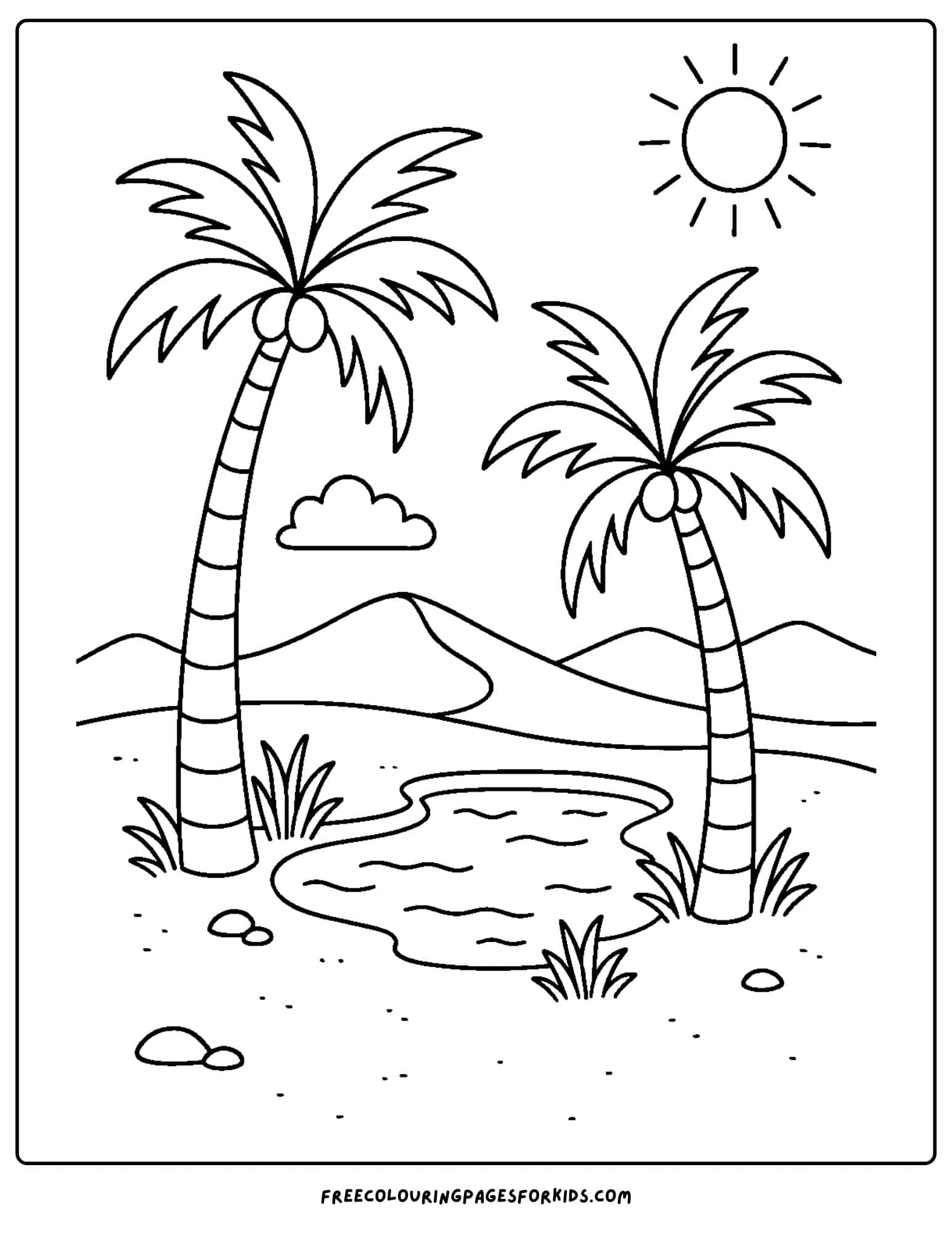a palm tree coloring page featuring palm trees at a desert oasis
