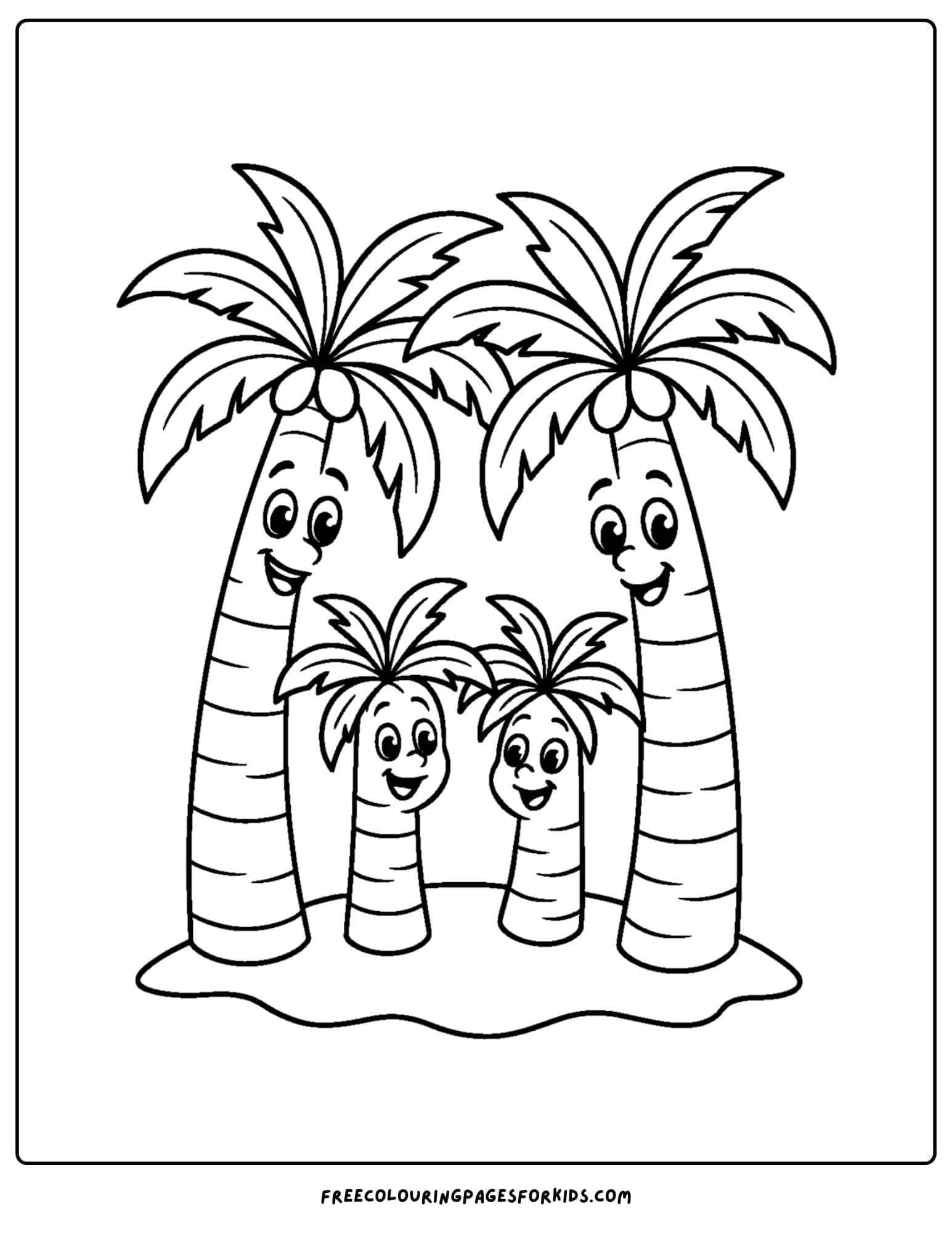a palm tree coloring page featuring a cartoon family of palm trees
