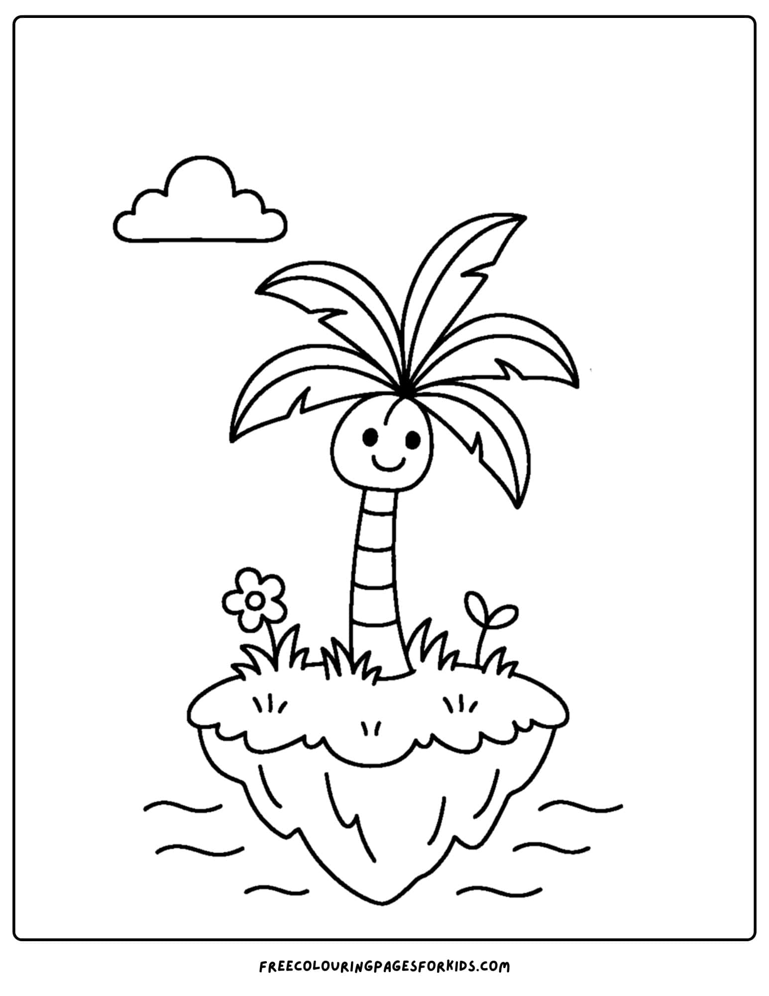 a palm tree coloring page featuring a palm tree on a floating island