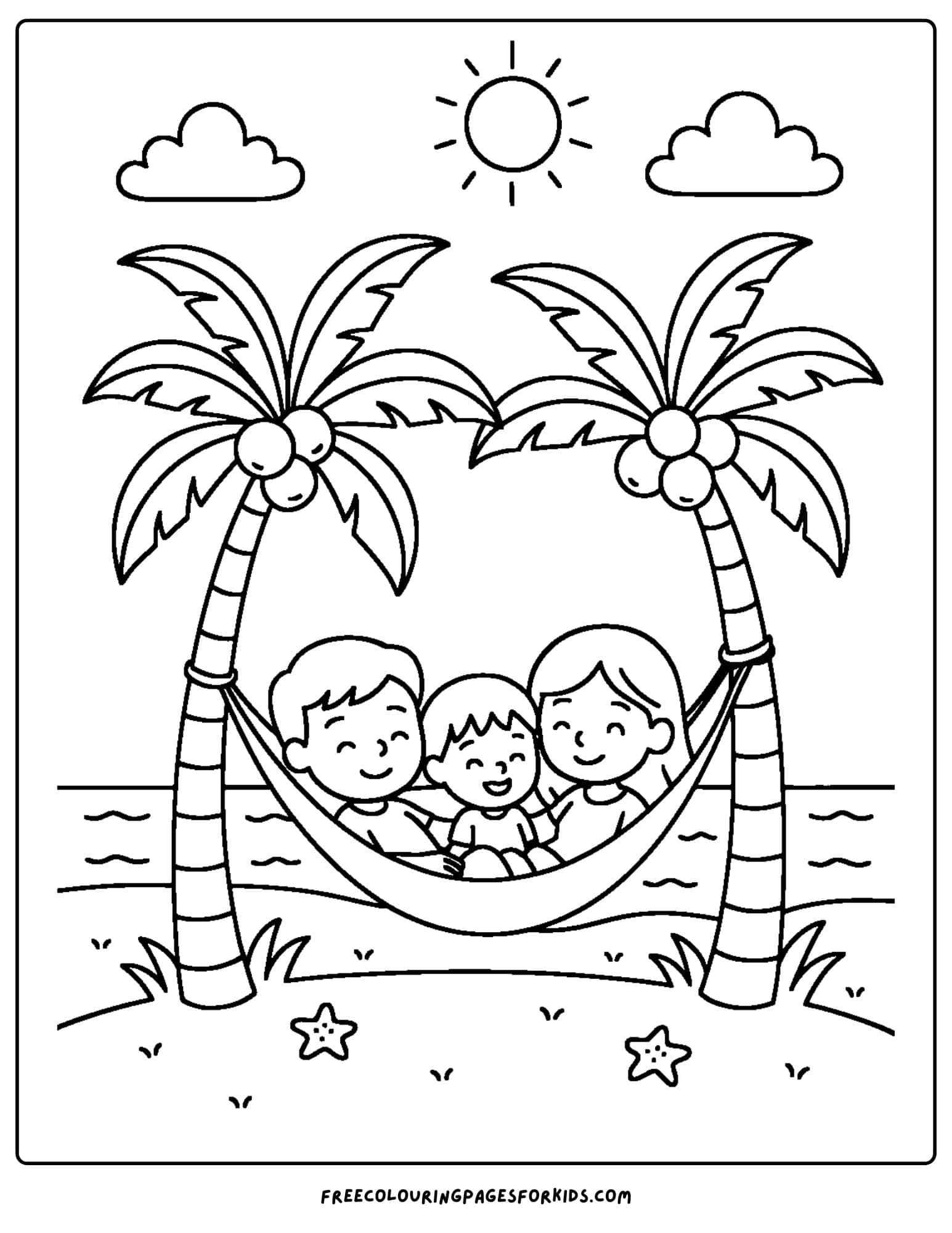 a palm tree coloring page featuring two palm trees with a hammock between then and kids sitting in the hammock