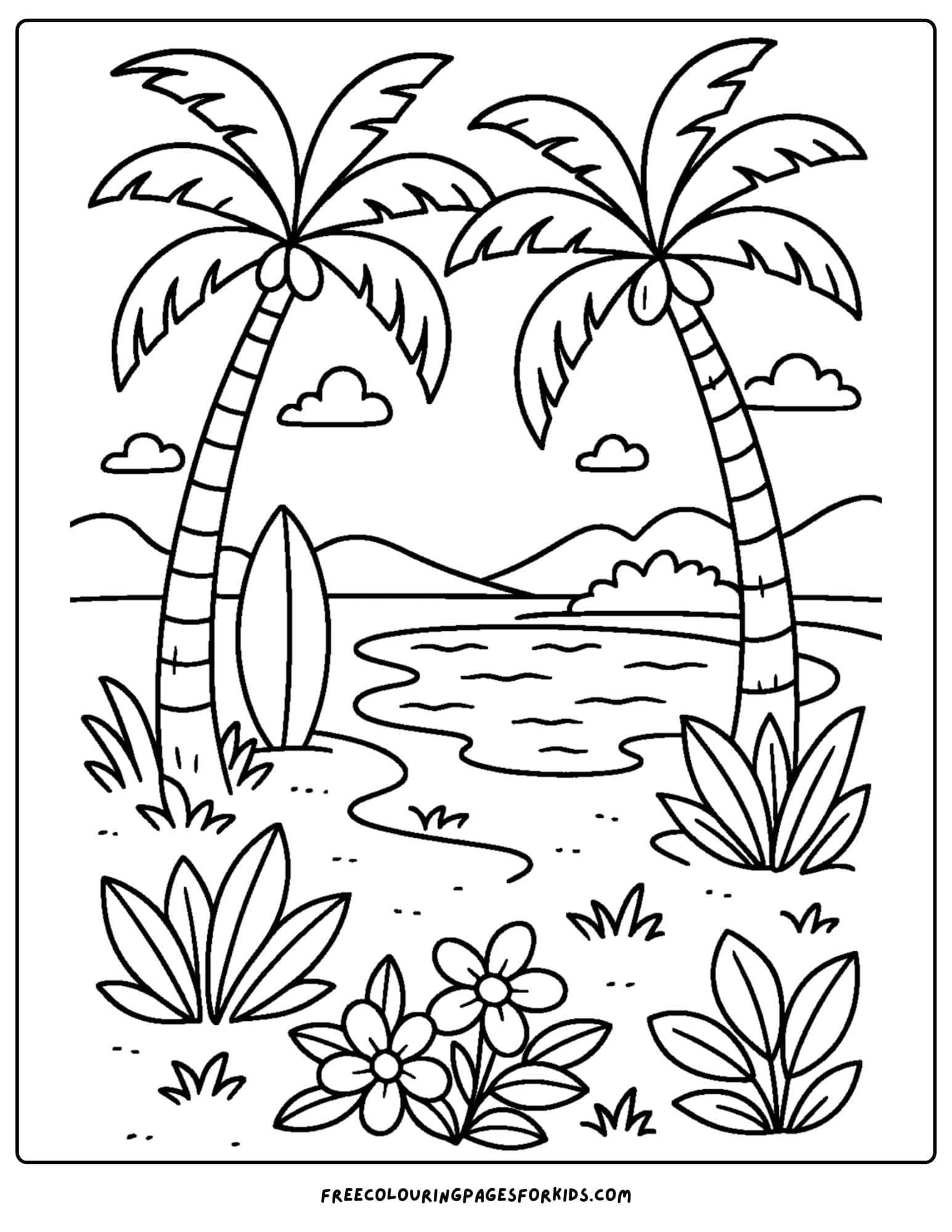 a palm tree coloring page featuring palm trees beside a lagoon