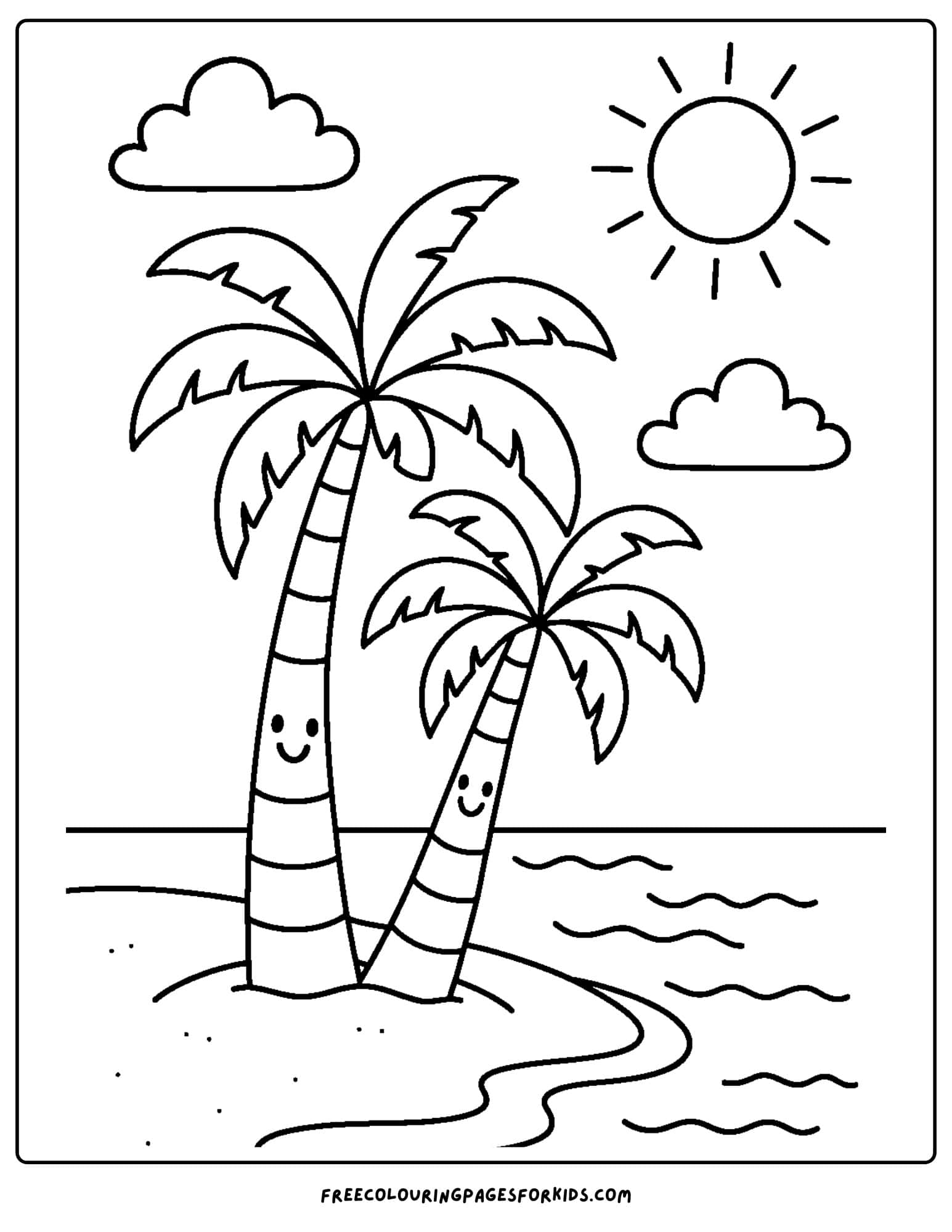 a palm tree coloring page featuring palm trees on asunny beach scene