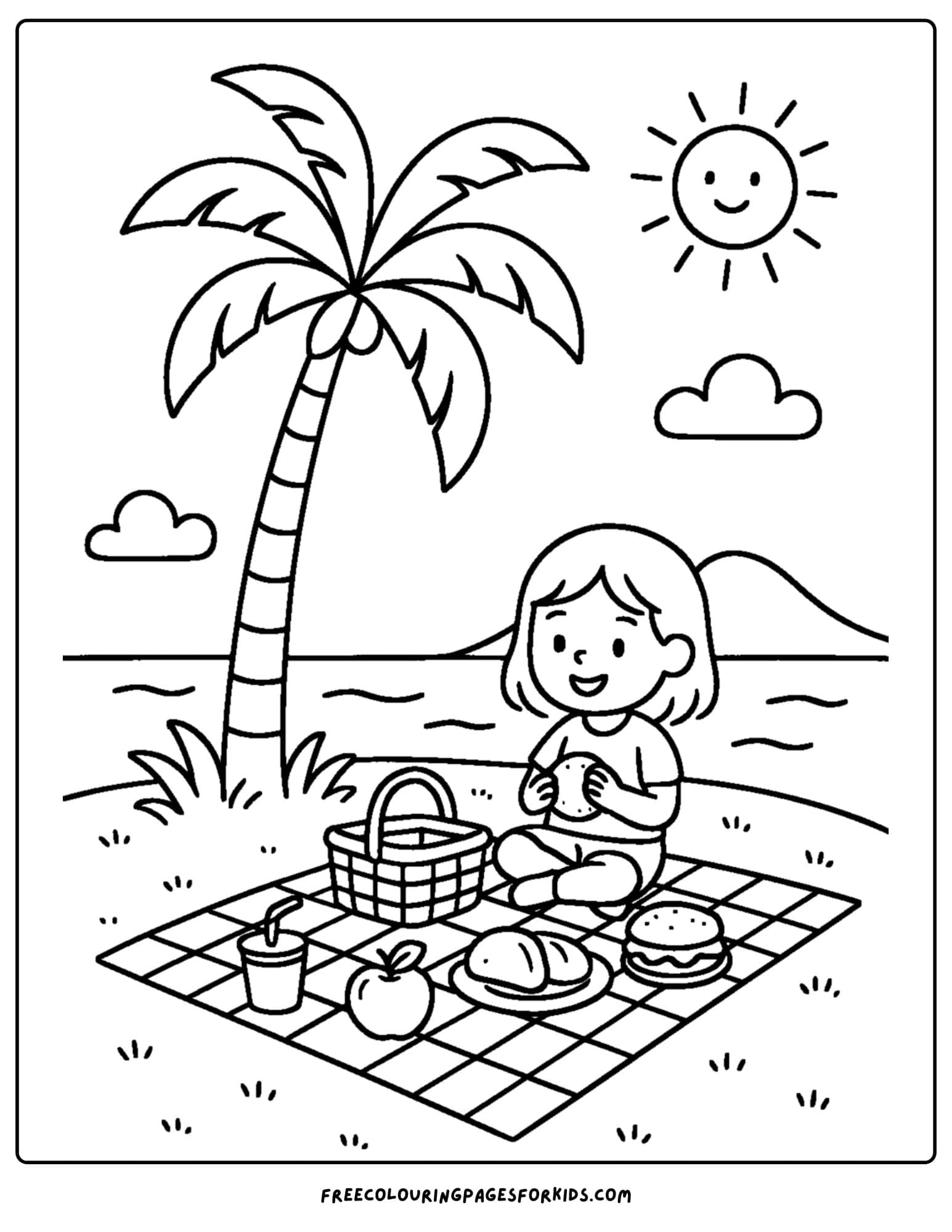 a palm tree coloring page featuring a girl having a picnic under a palm tree