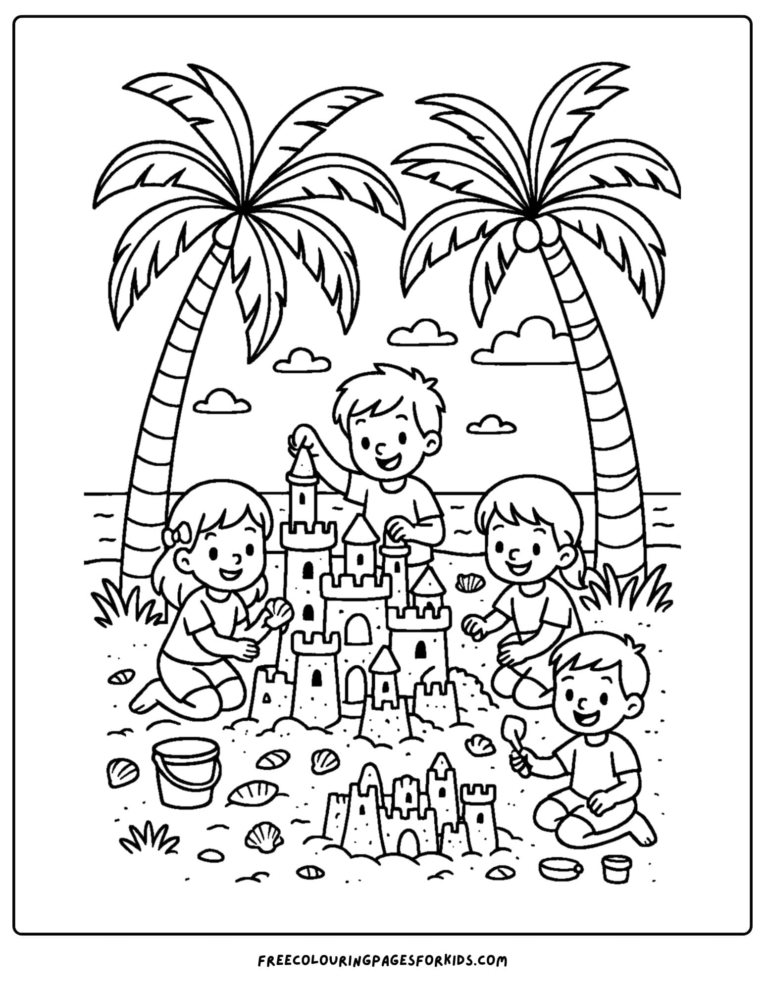 a palm tree coloring page featuring a sand castle contest below some palm trees