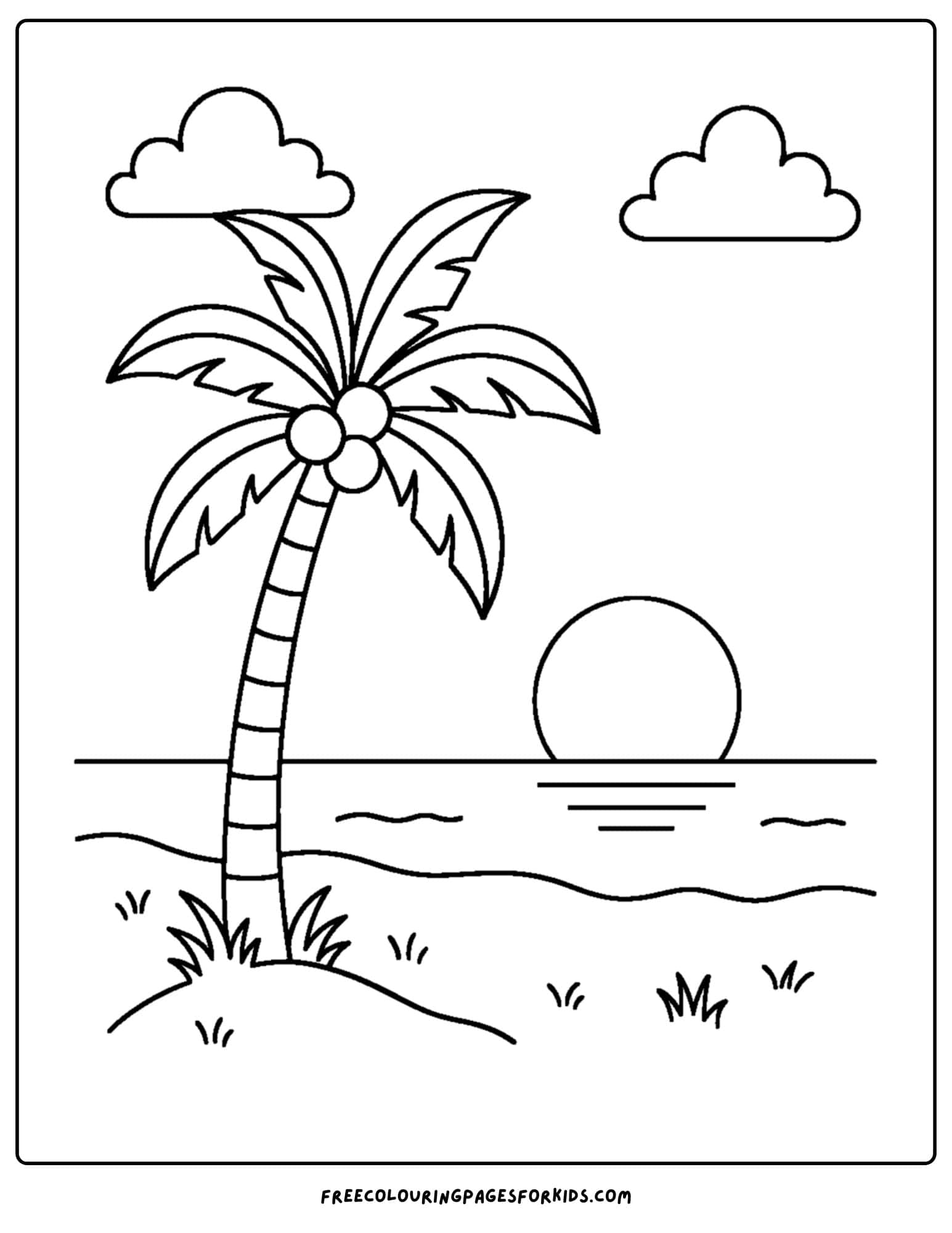 a palm tree coloring page featuring a sunset scene at the beach with a palm tree