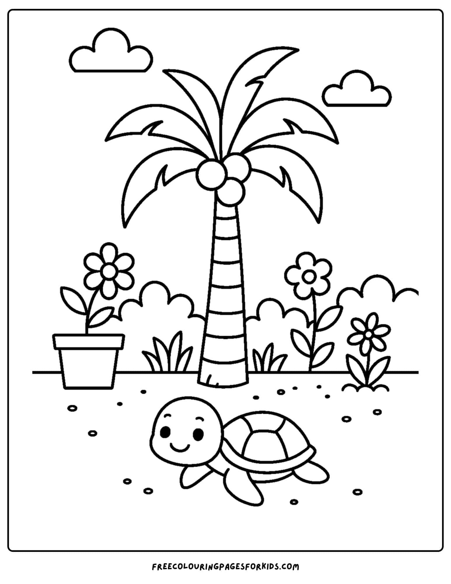 a palm tree coloring page featuring a tropical garden with a palm tree and turtle