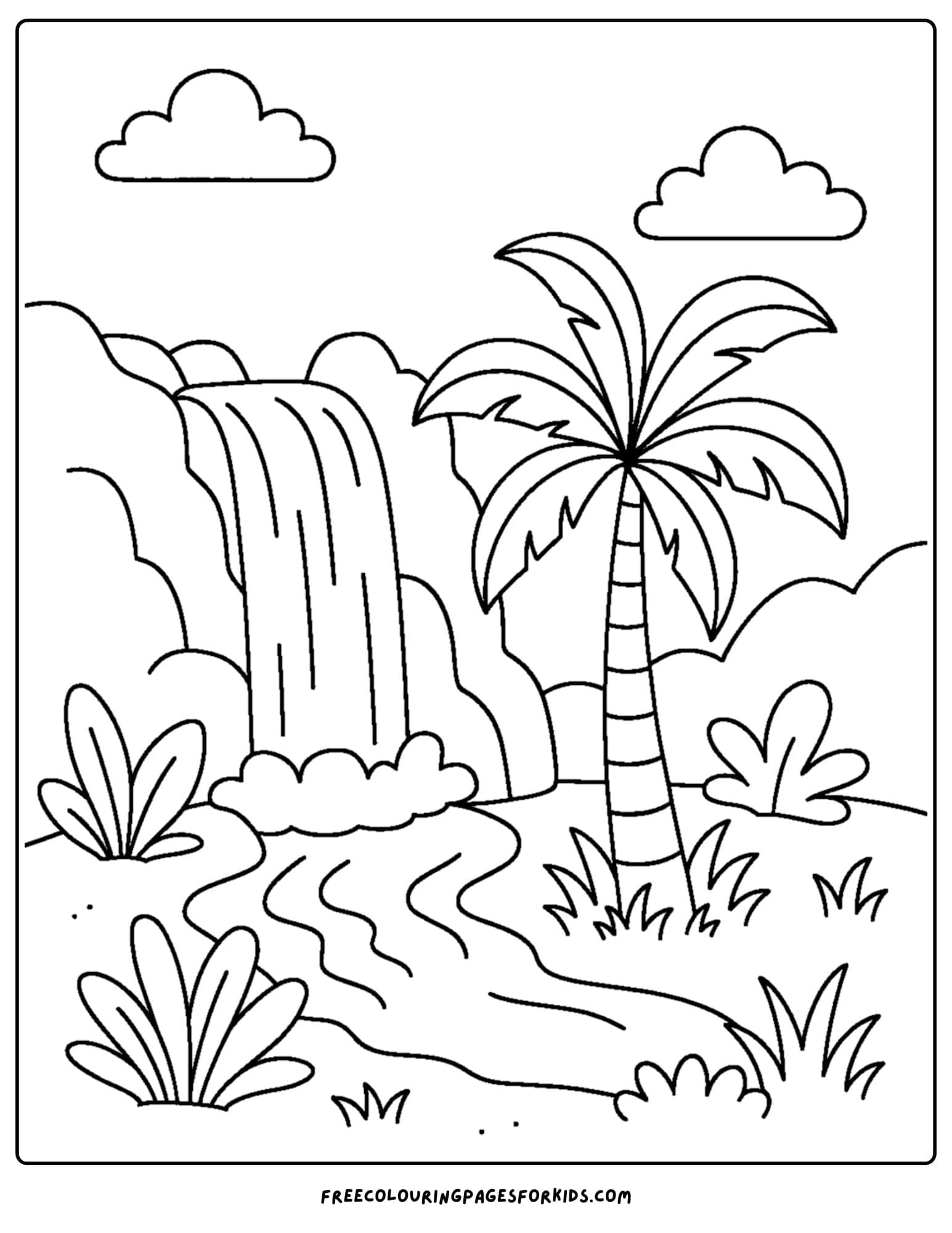 a palm tree coloring page featuring a palm tree with a waterfall scene