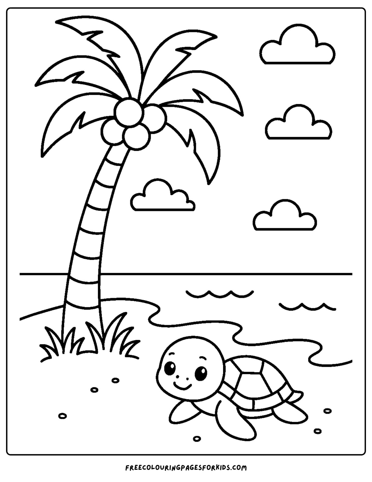 a palm tree coloring page featuring a palm tree on the beach with a turtle next to it