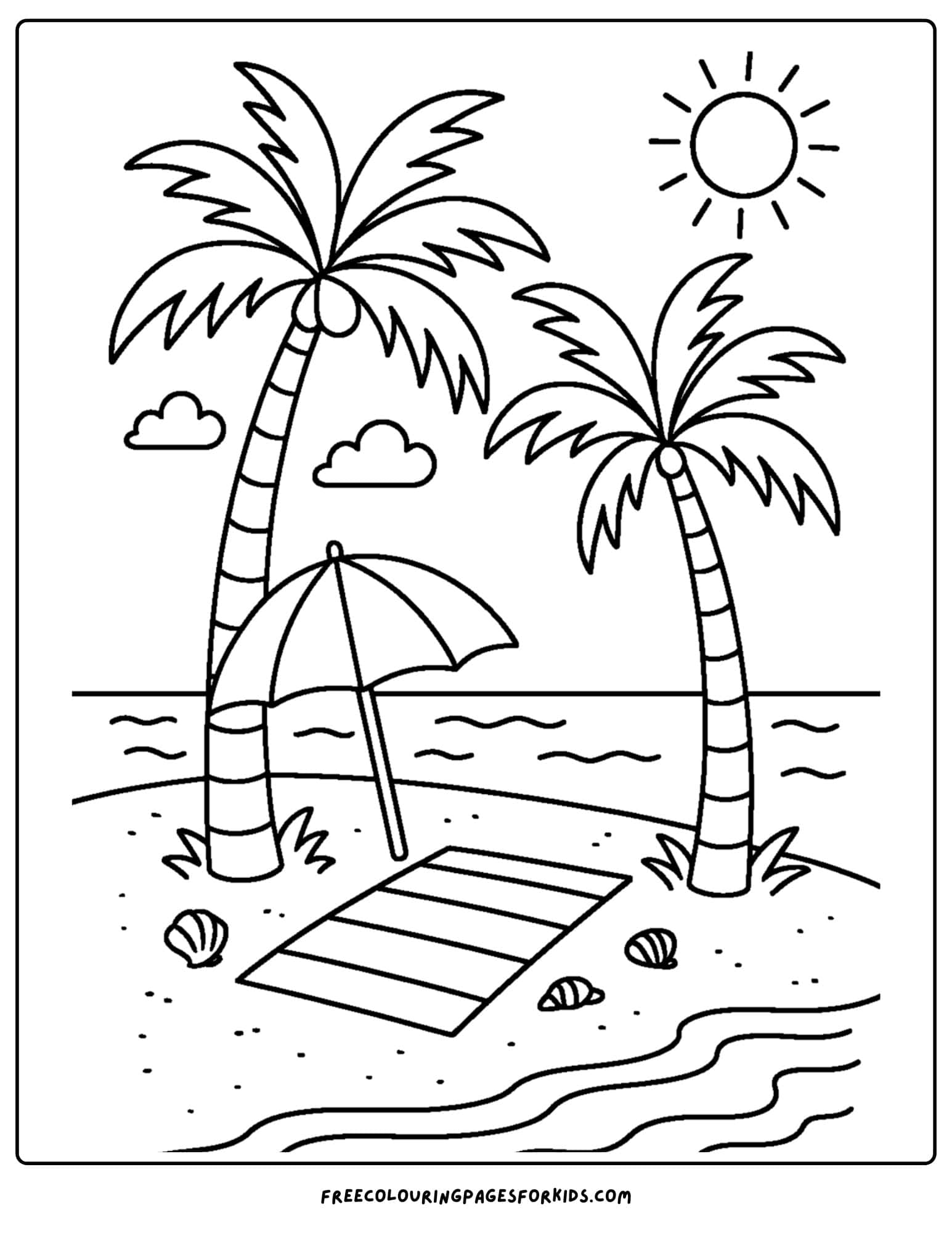 a palm tree coloring page featuring a palm tree with a beach towel and umbrella on the beach