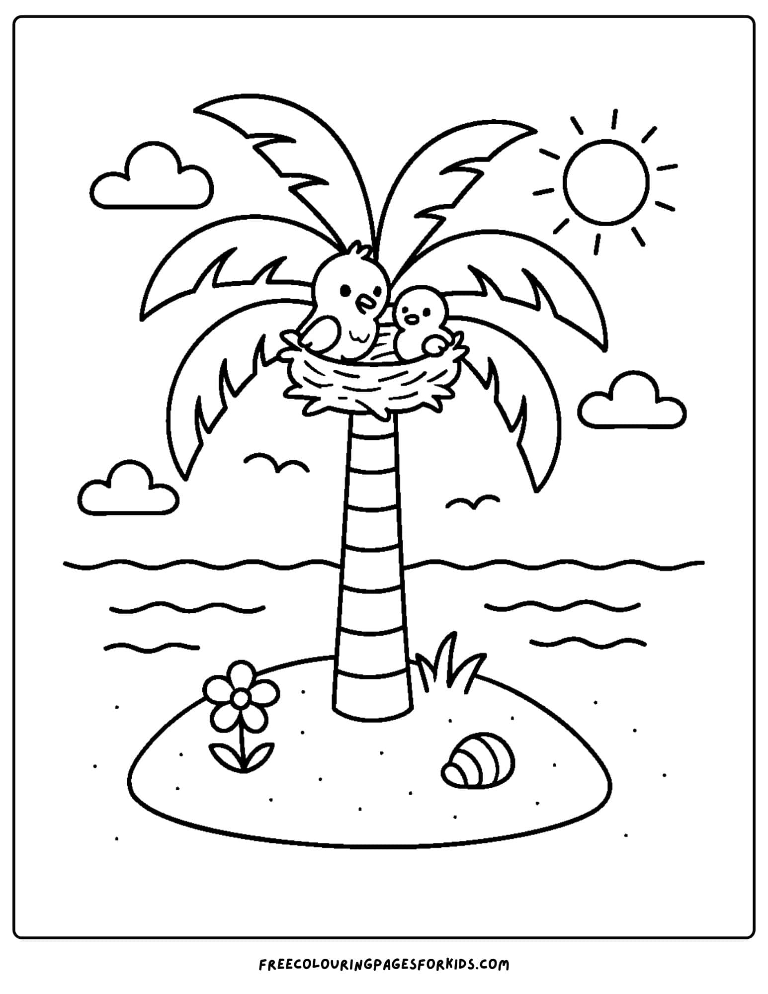 a palm tree coloring page featuring a palm tree with a birds nest in it