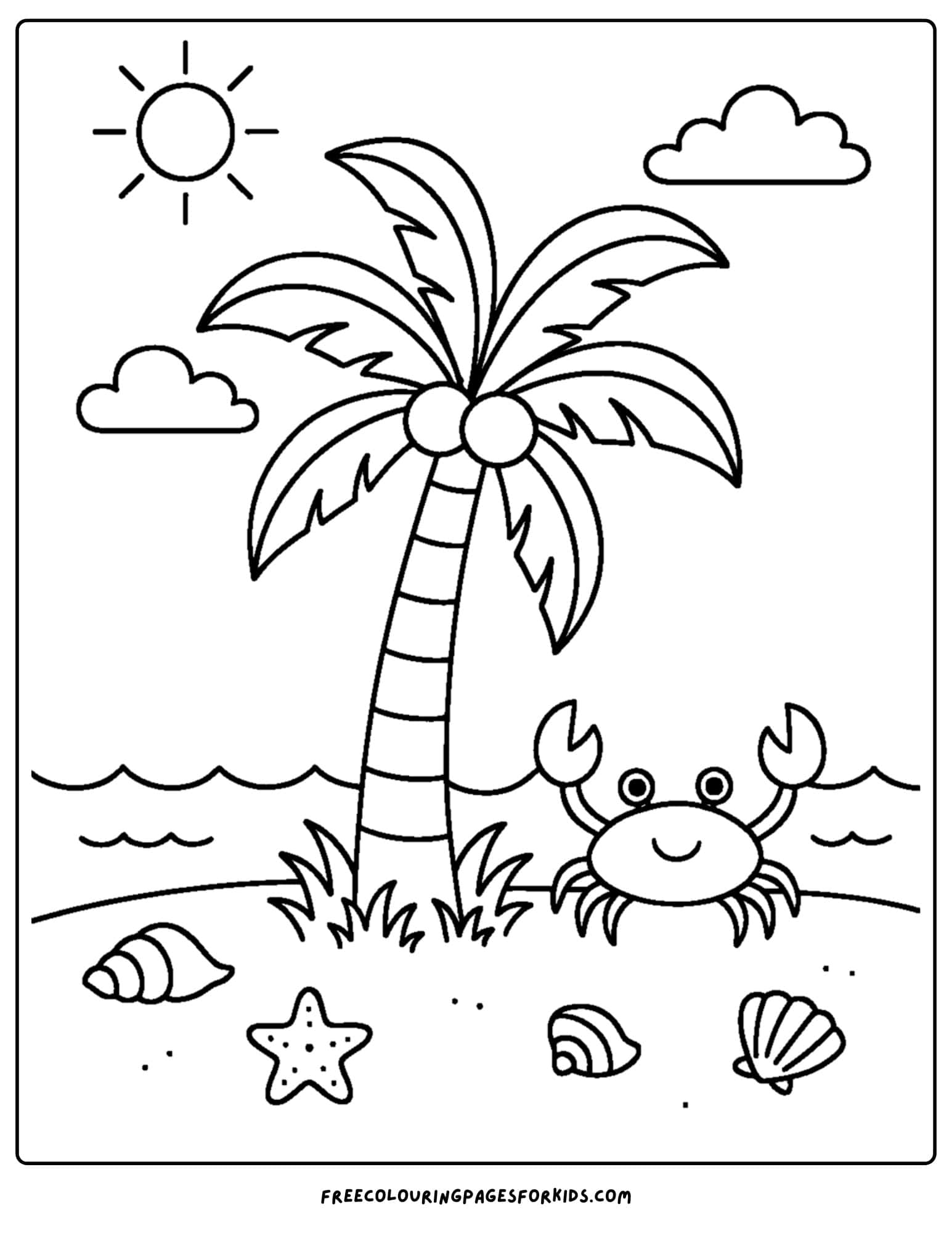 a palm tree coloring page featuring a palm tree on the beach with a crab below