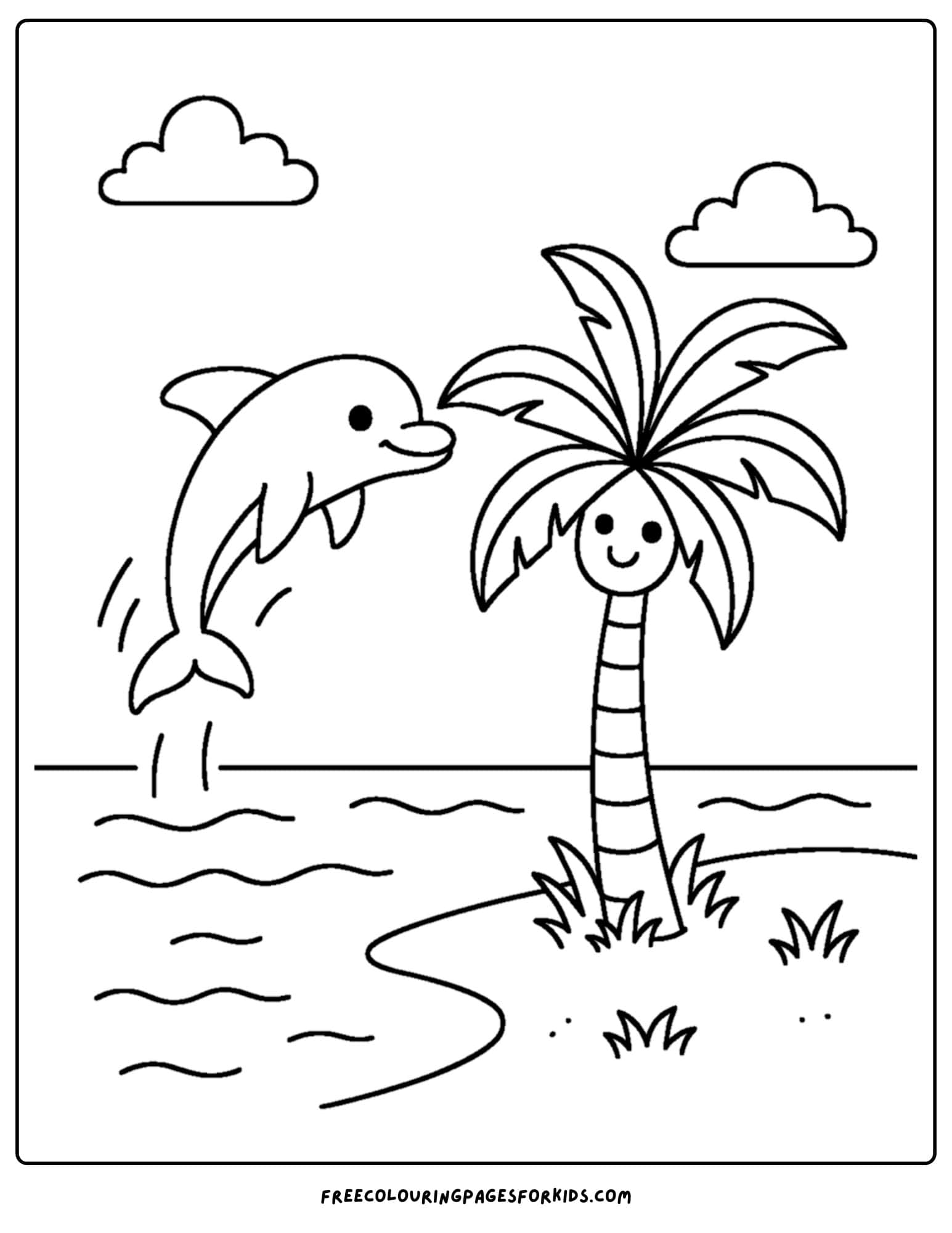 a palm tree coloring page featuring a palm tree with a dolphin jumping out of the water