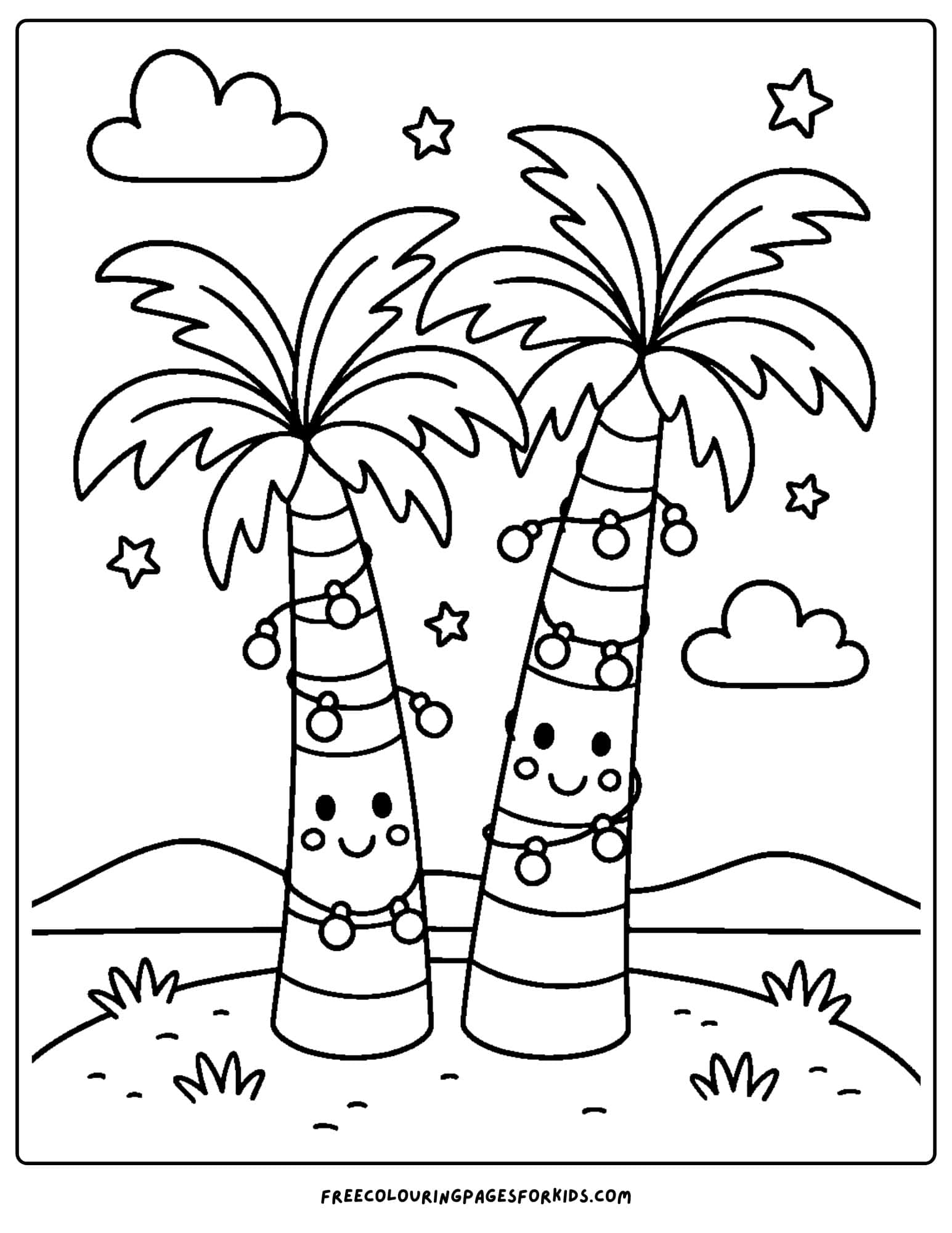 a palm tree coloring page featuring palm trees decorated with fairy lights