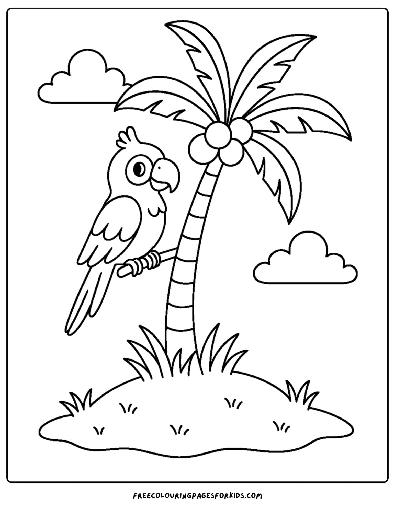 a palm tree coloring page featuring a palm tree with a parrot sitting in it