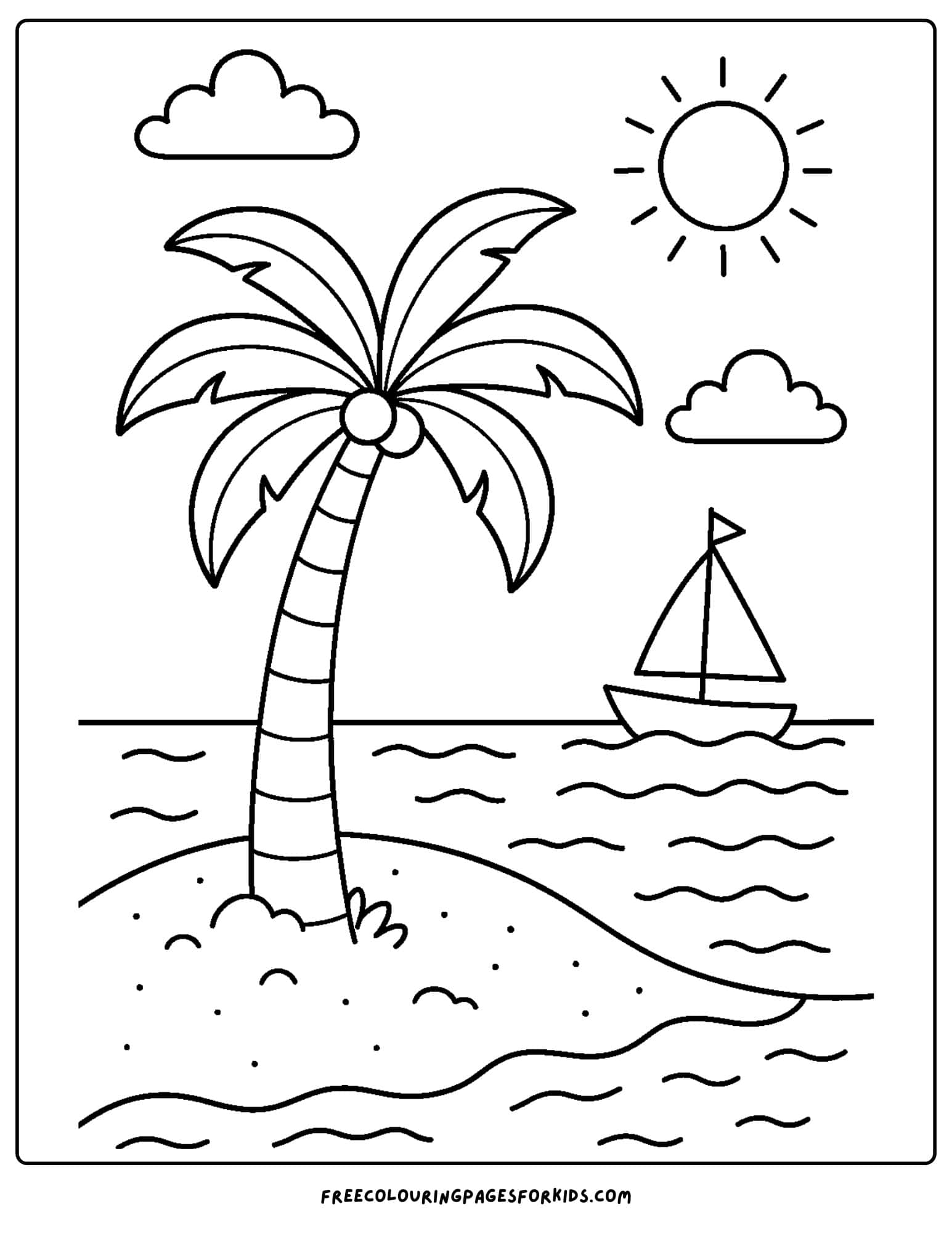 a palm tree coloring page featuring a palm tree on an island with a sail boat passing by on the water