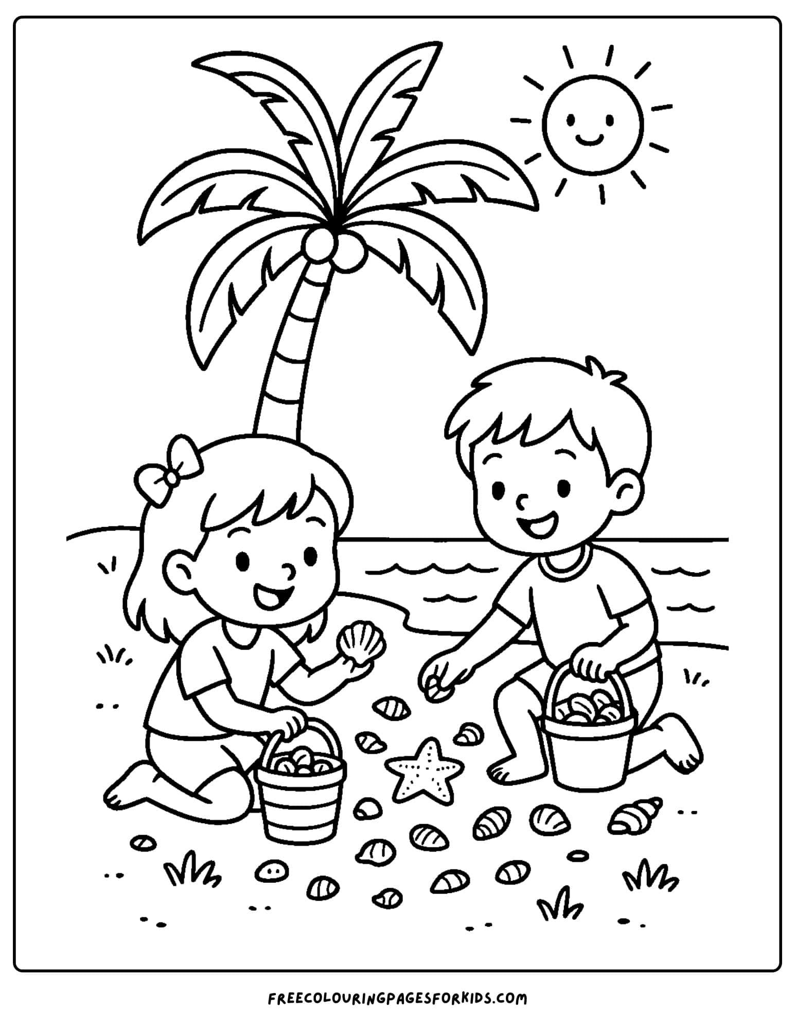 a palm tree coloring page featuring a palm tree with kids collecting shells underneath it