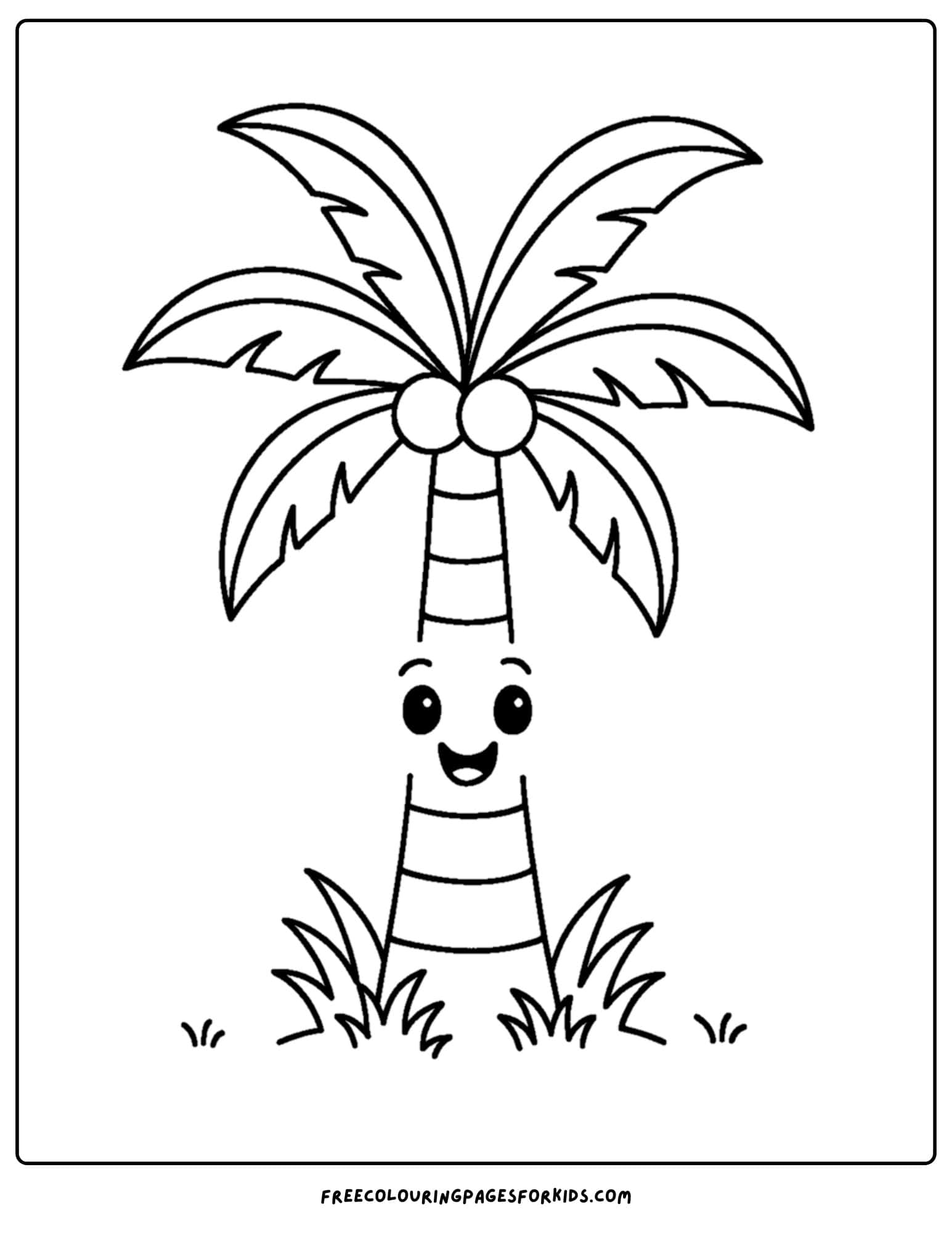 a palm tree coloring page featuring a palm tree with a smiling face on it