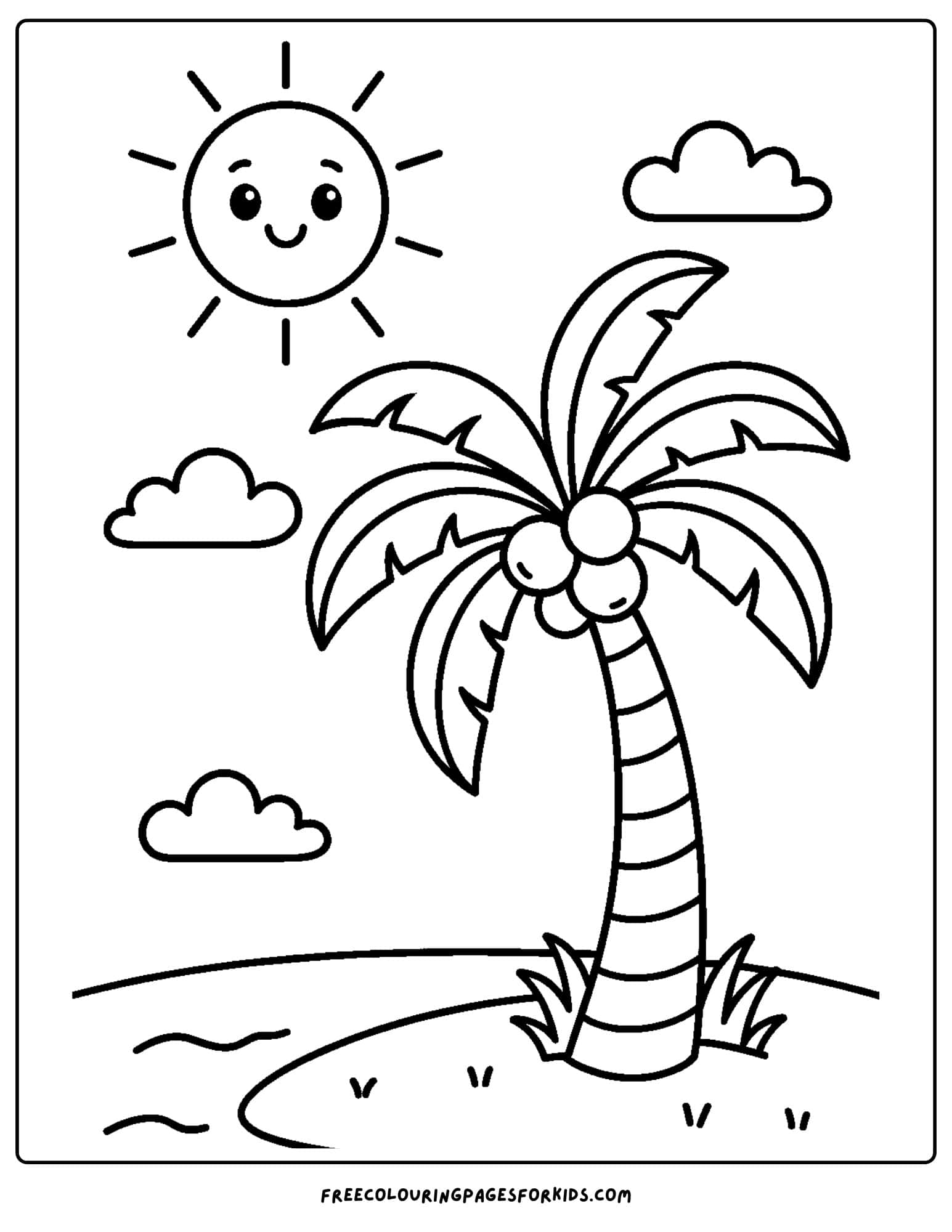 a palm tree coloring page featuring a plam tree under a sunny sky