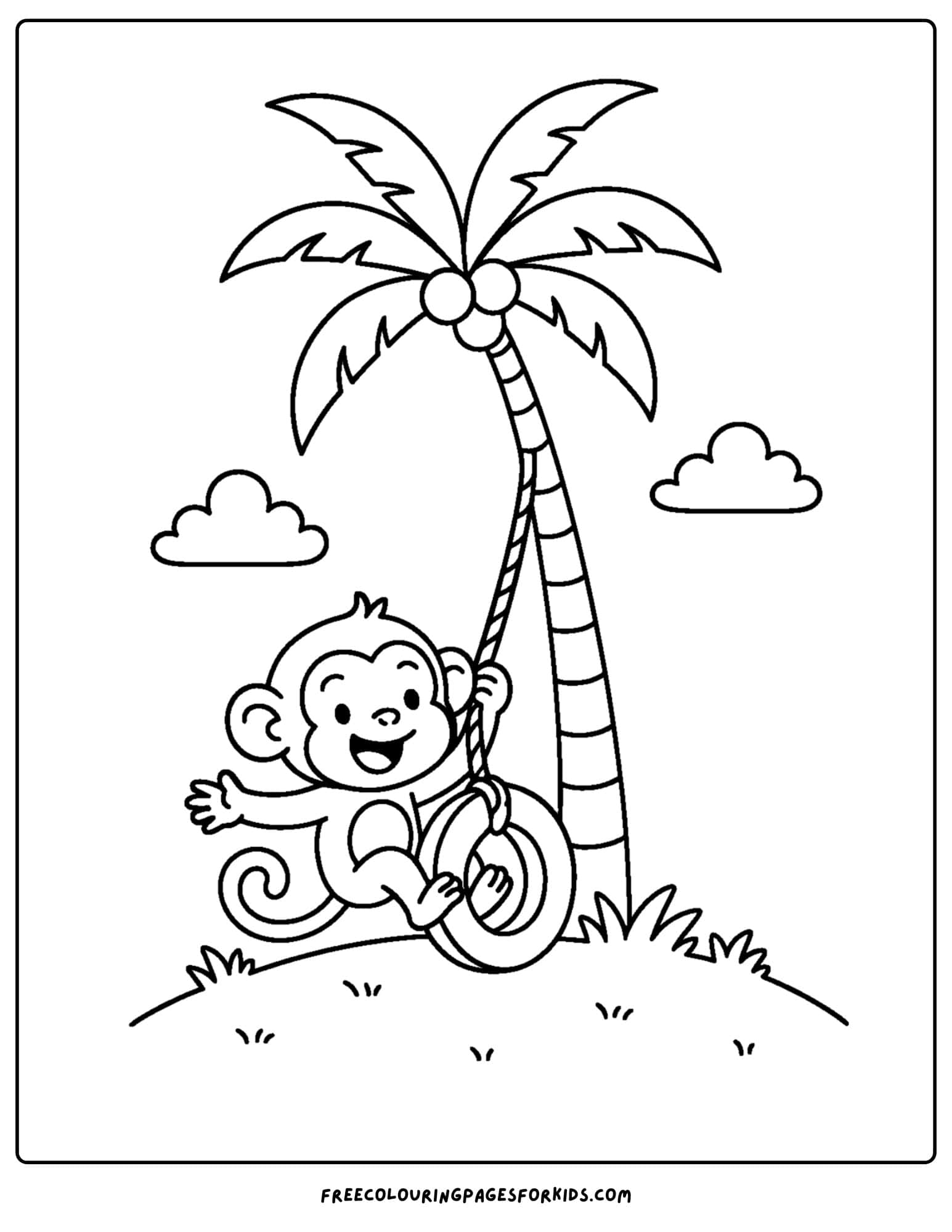 a palm tree coloring page featuring a monkey swinging on a tyre swing attached to it