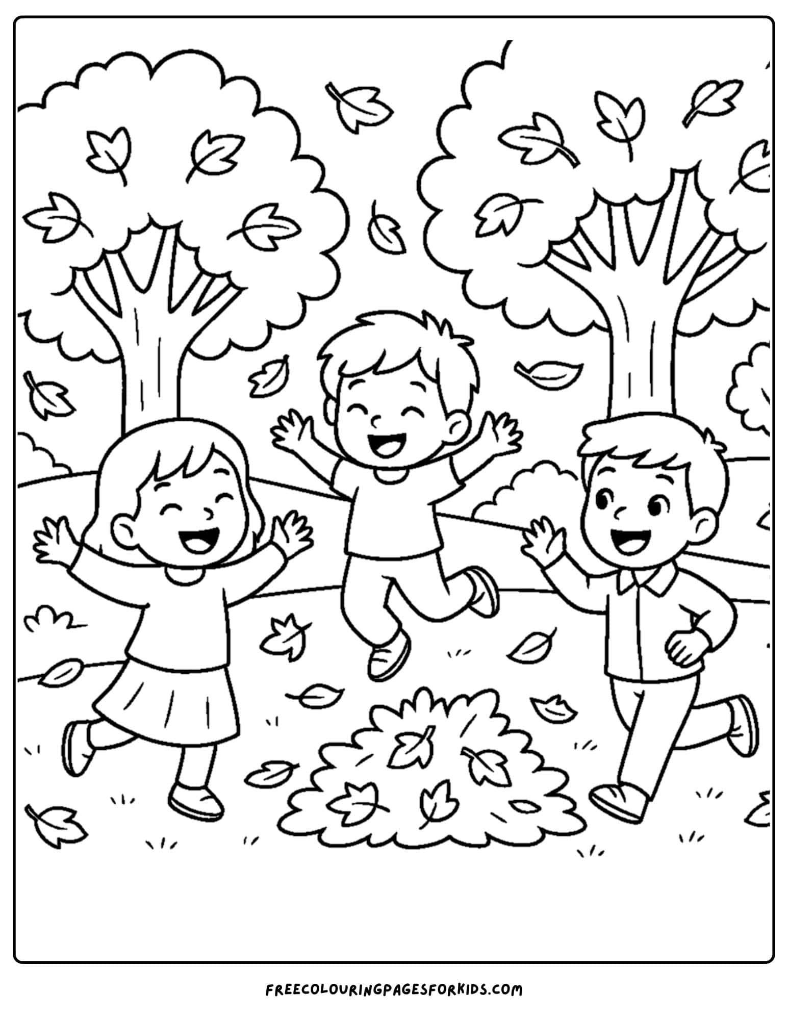 a park themed coloring page featuring kids jumping in a leaf pile
