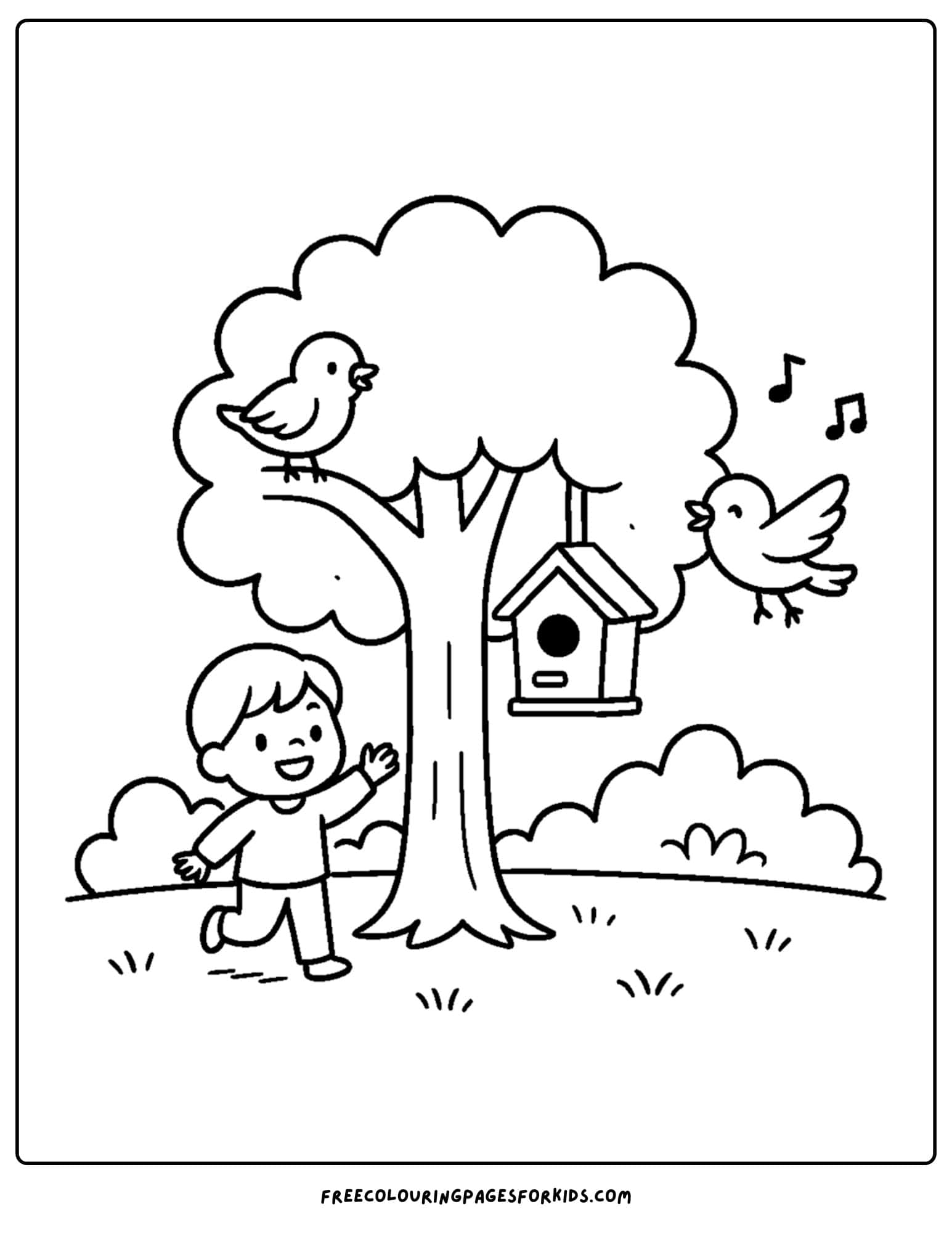 a park themed coloring page featuring a birdhouse in a tree with birds and a child below