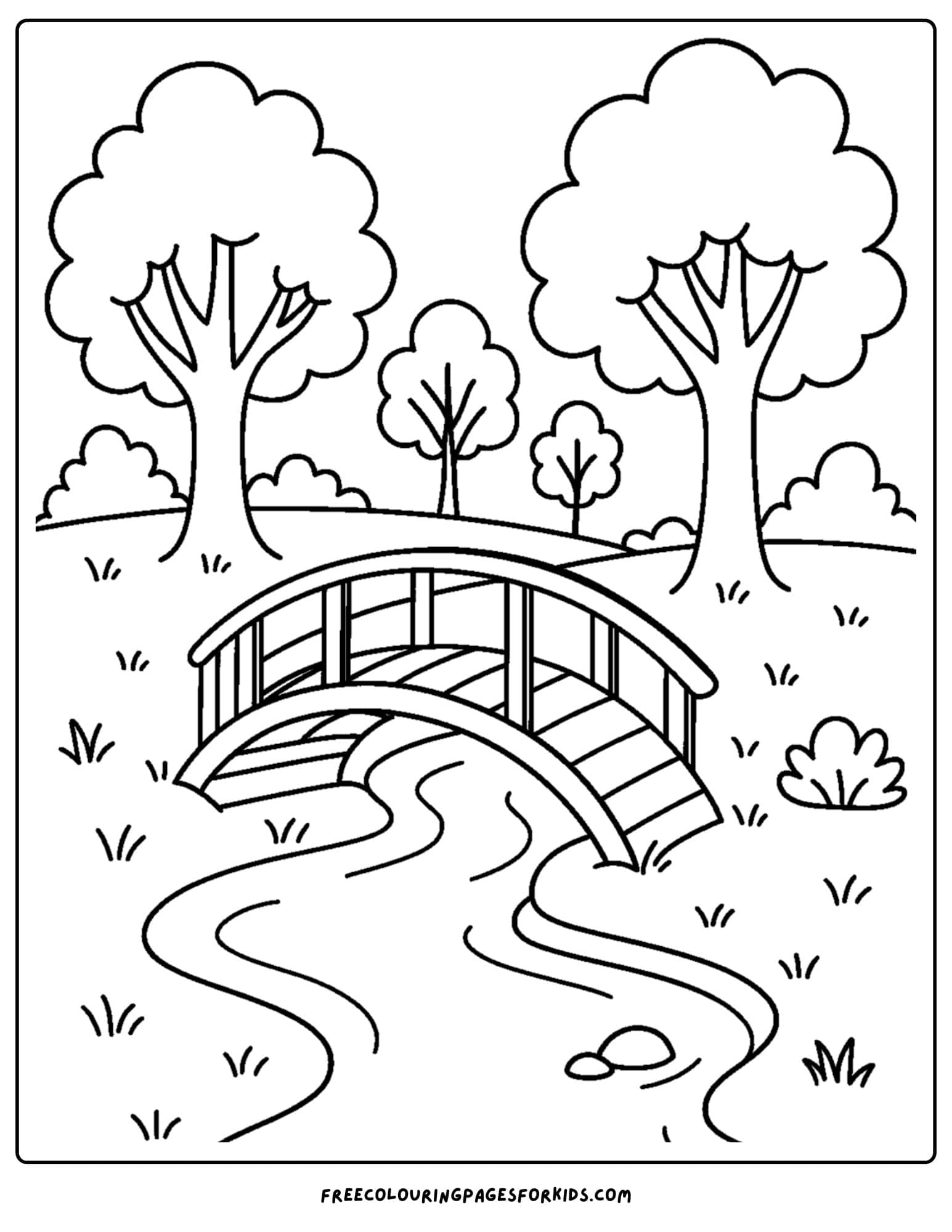 a park themed coloring page featuring a cute bridge over a stream