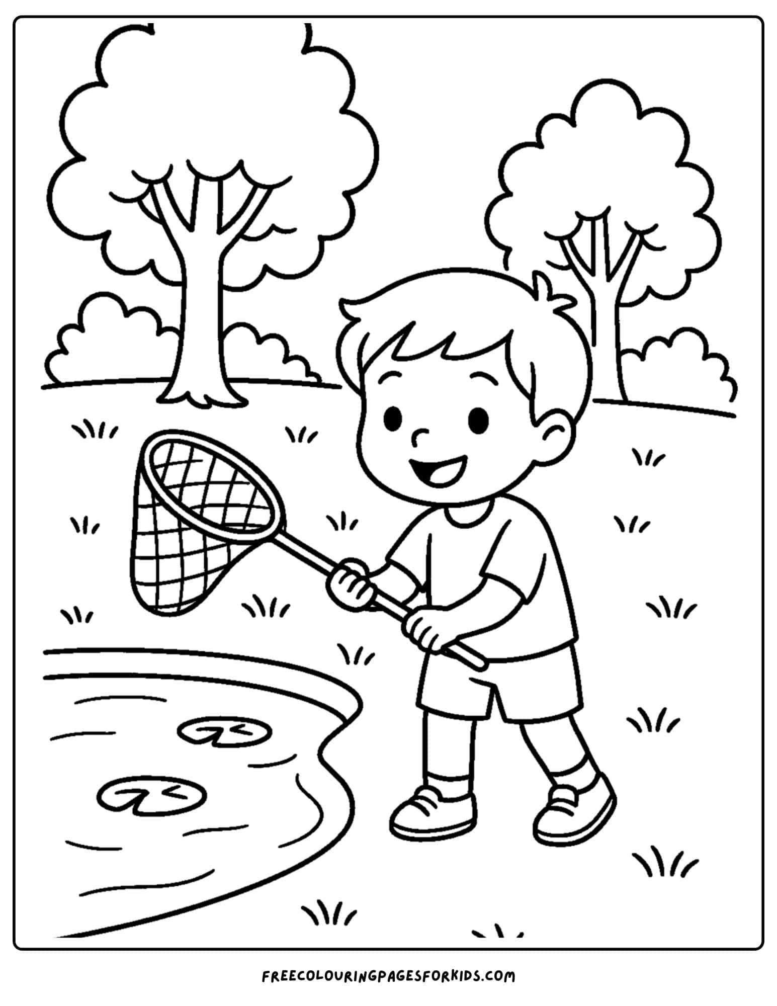 a park themed coloring page featuring a child holding a net