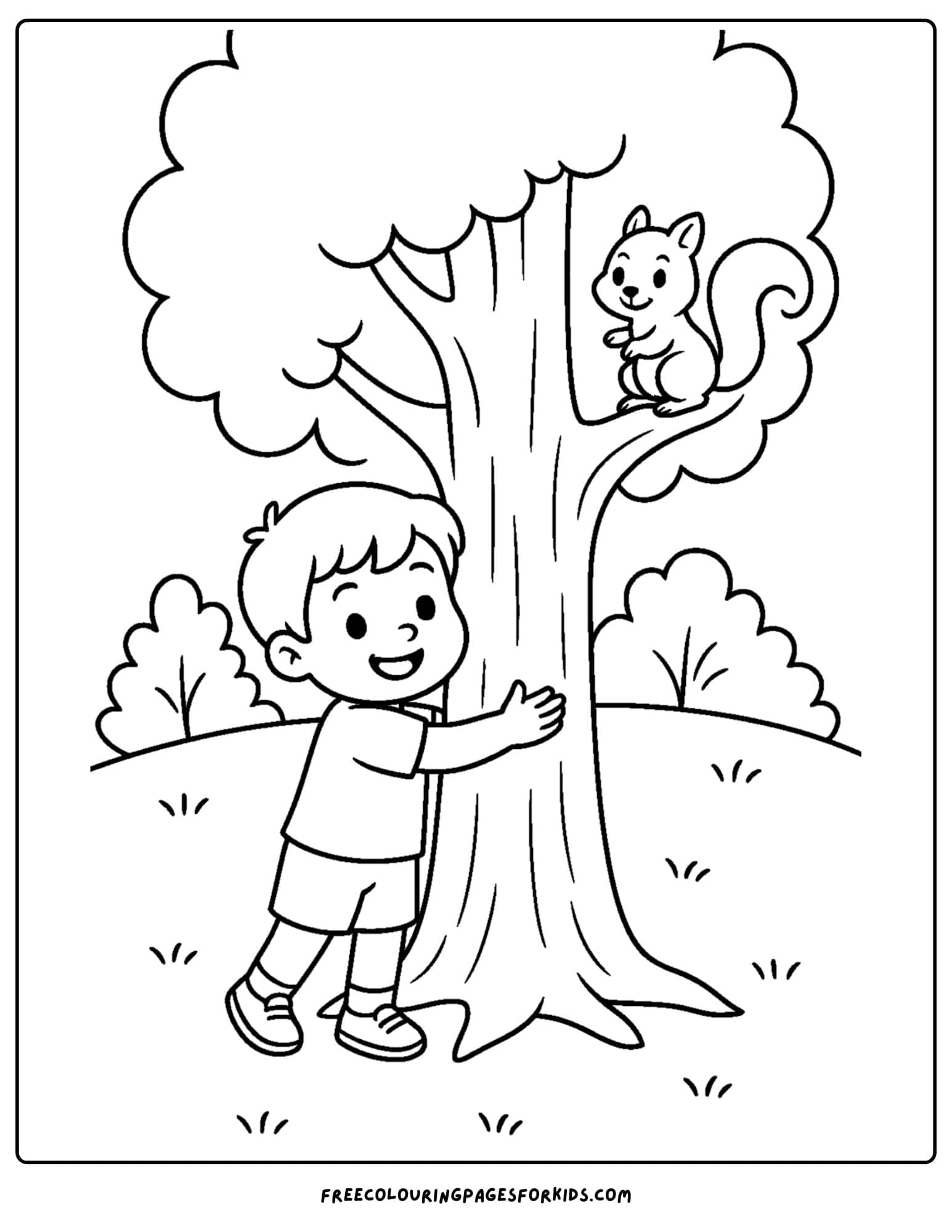 a park themed coloring page featuring a child hugging a tree with a squirrel in it