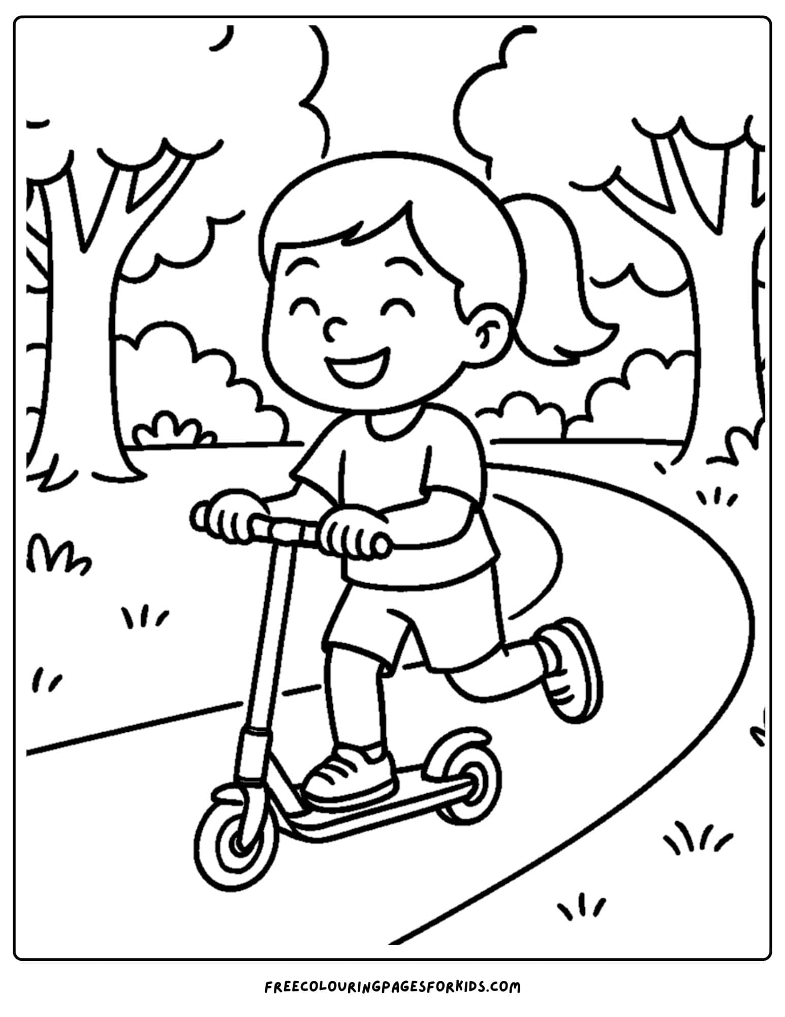 a park themed coloring page featuring a child riding a scooter on a park path