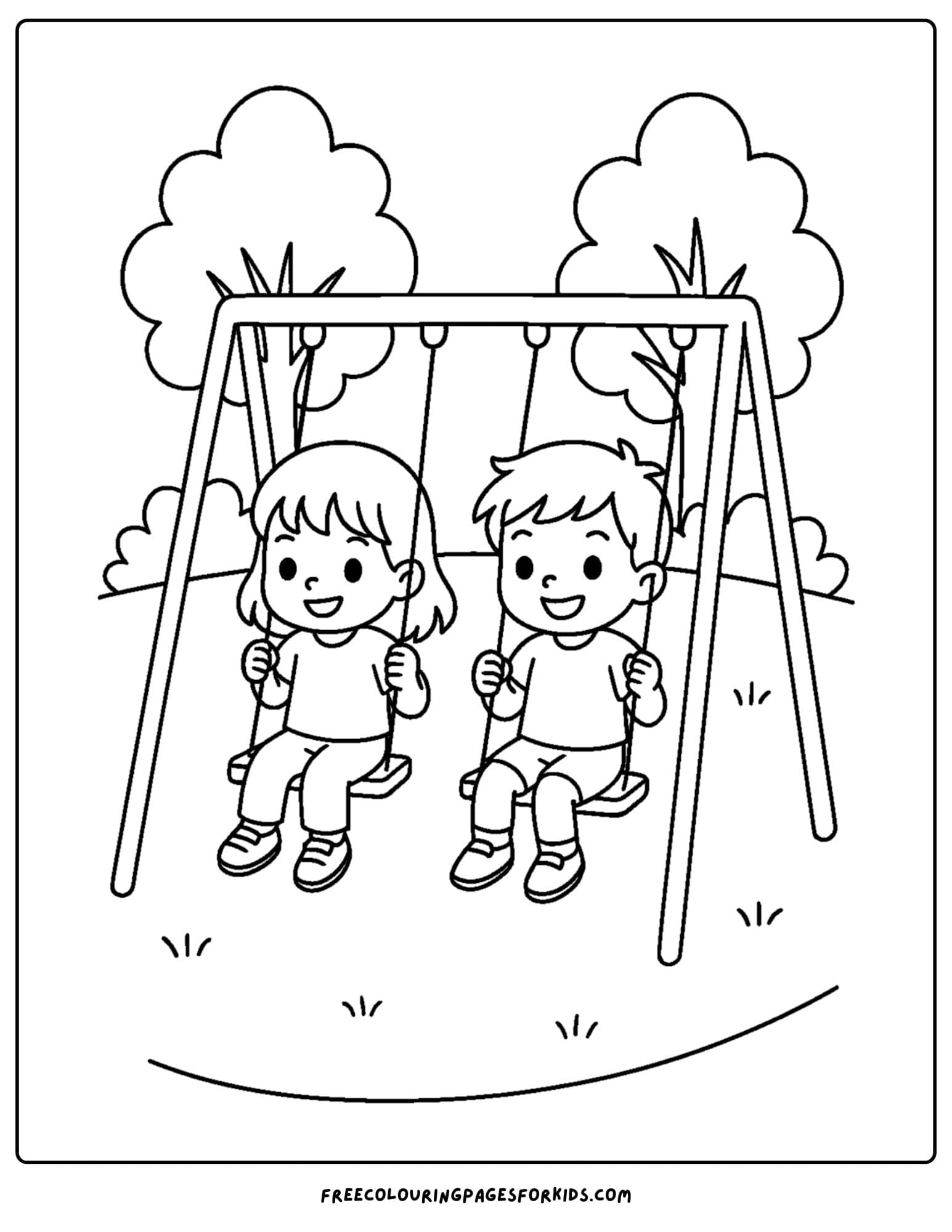a park themed coloring page featuring two kids on swings