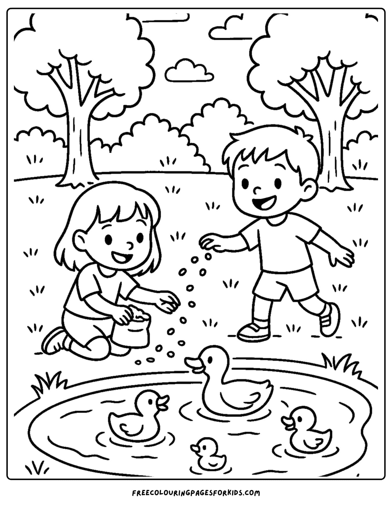 a park themed coloring page featuring kids feeding the ducks