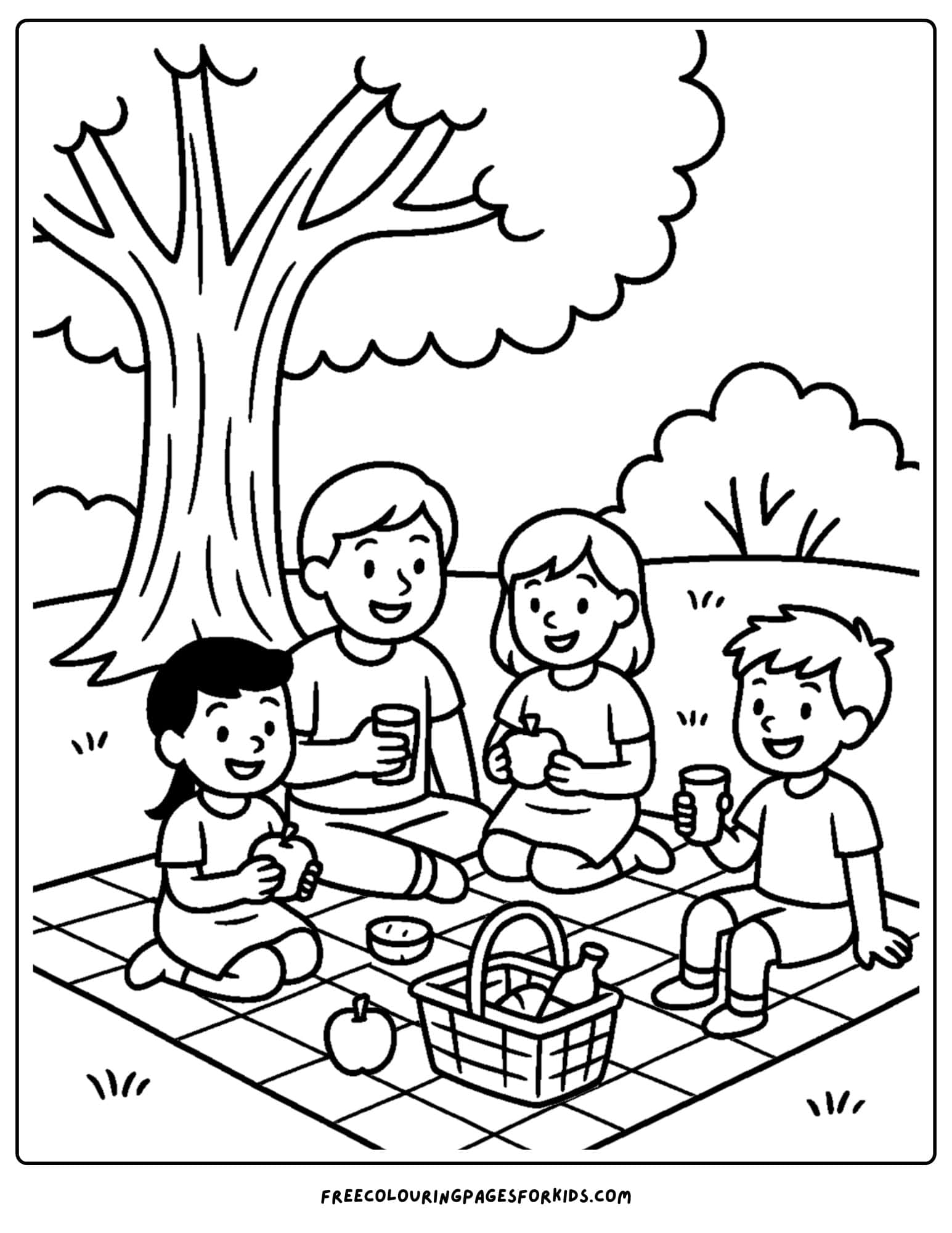 a park themed coloring page featuring a family picnic