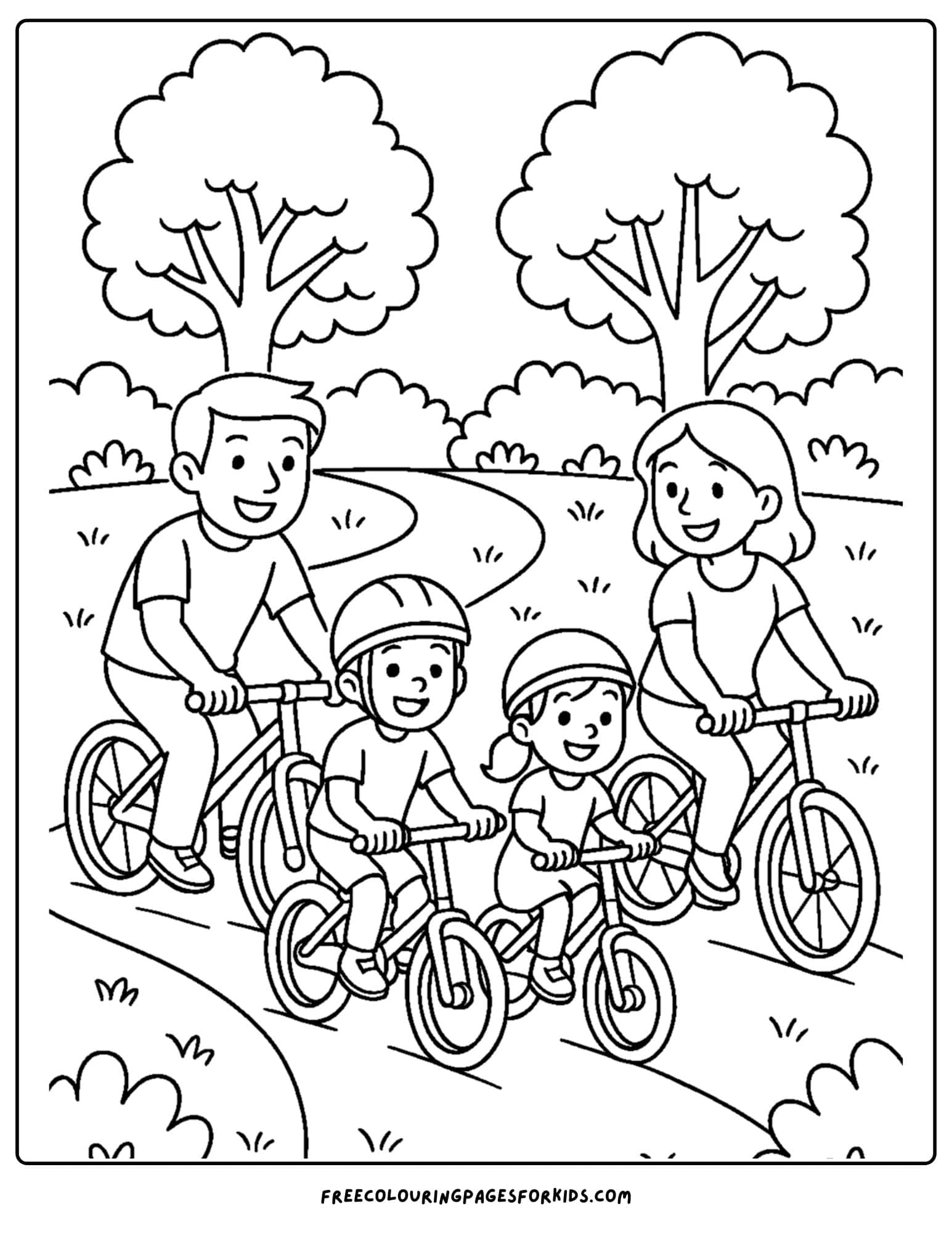 a park themed coloring page featuring a family going on a bike ride in the park