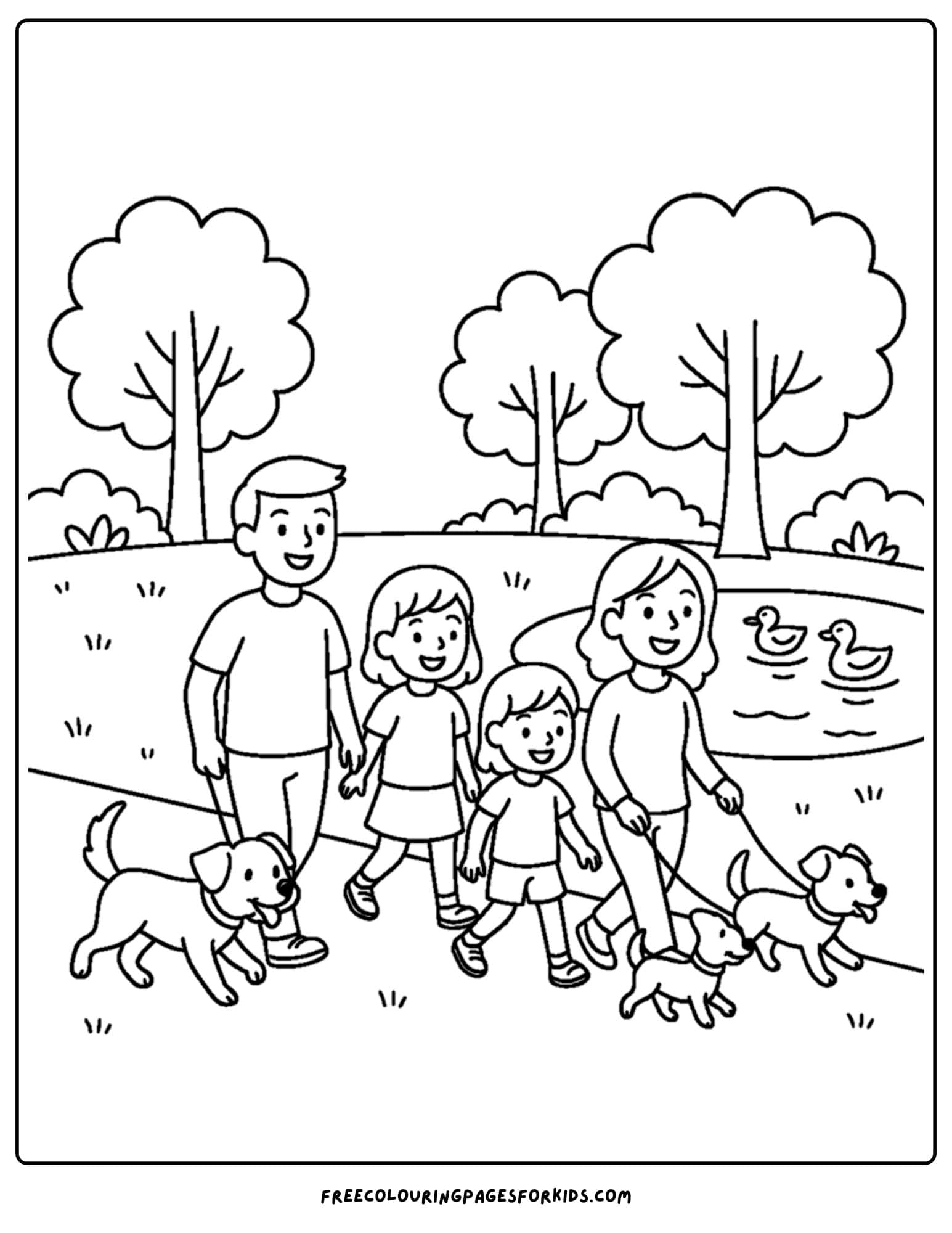 a park themed coloring page featuring a family walking their dogs in the park