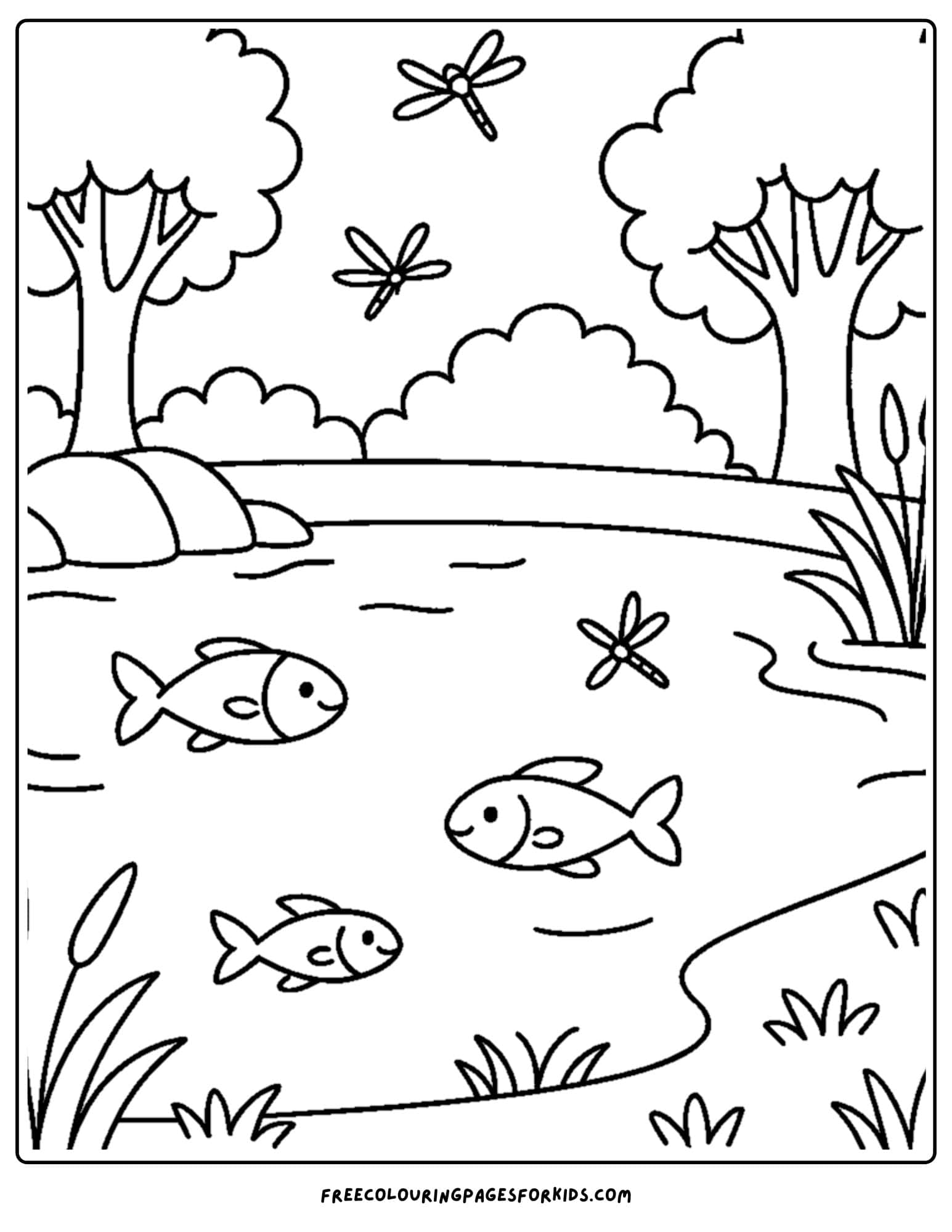 a park themed coloring page featuring a lake with fish and dragonflies