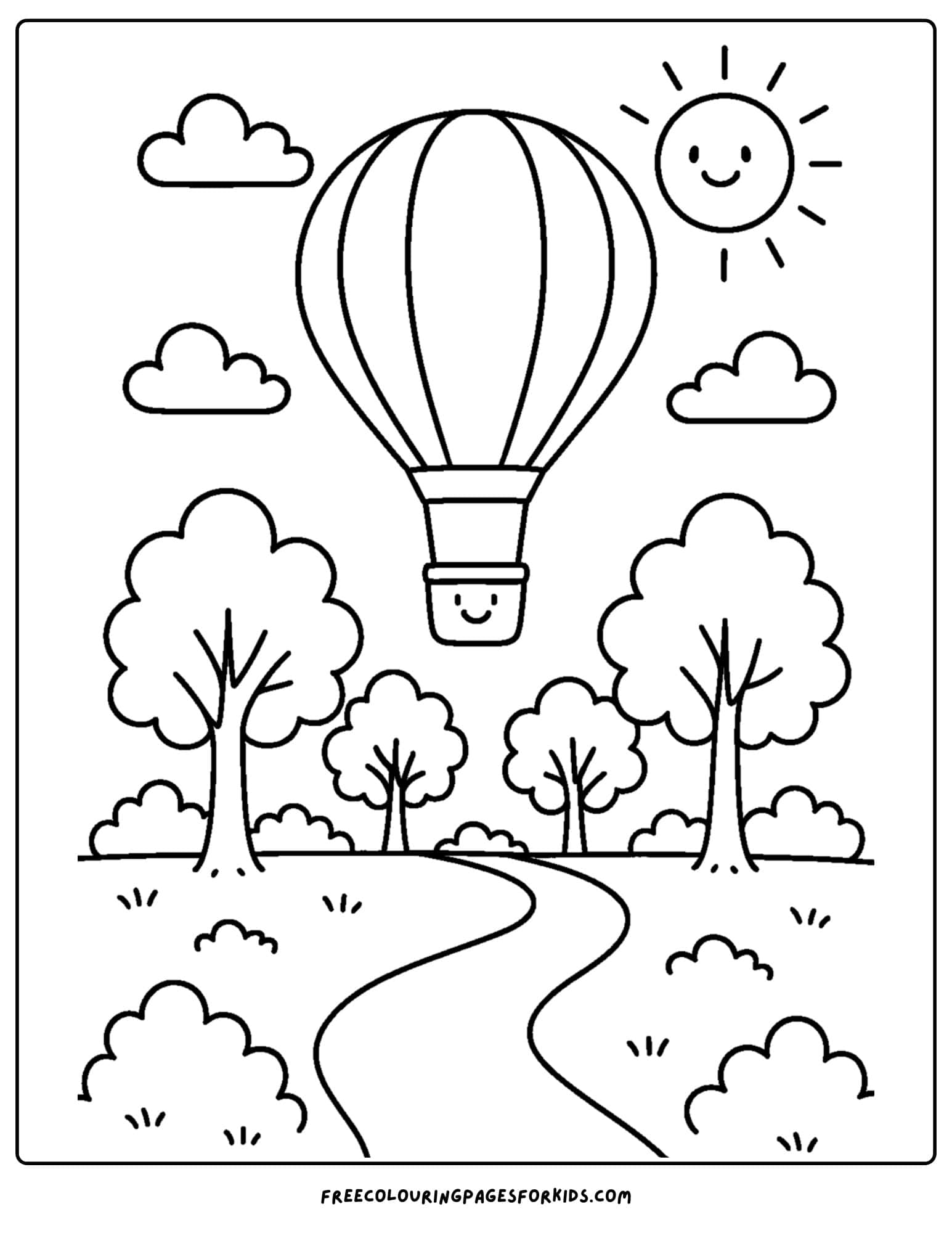 a park themed coloring page featuring a hot air balloon floating over a park