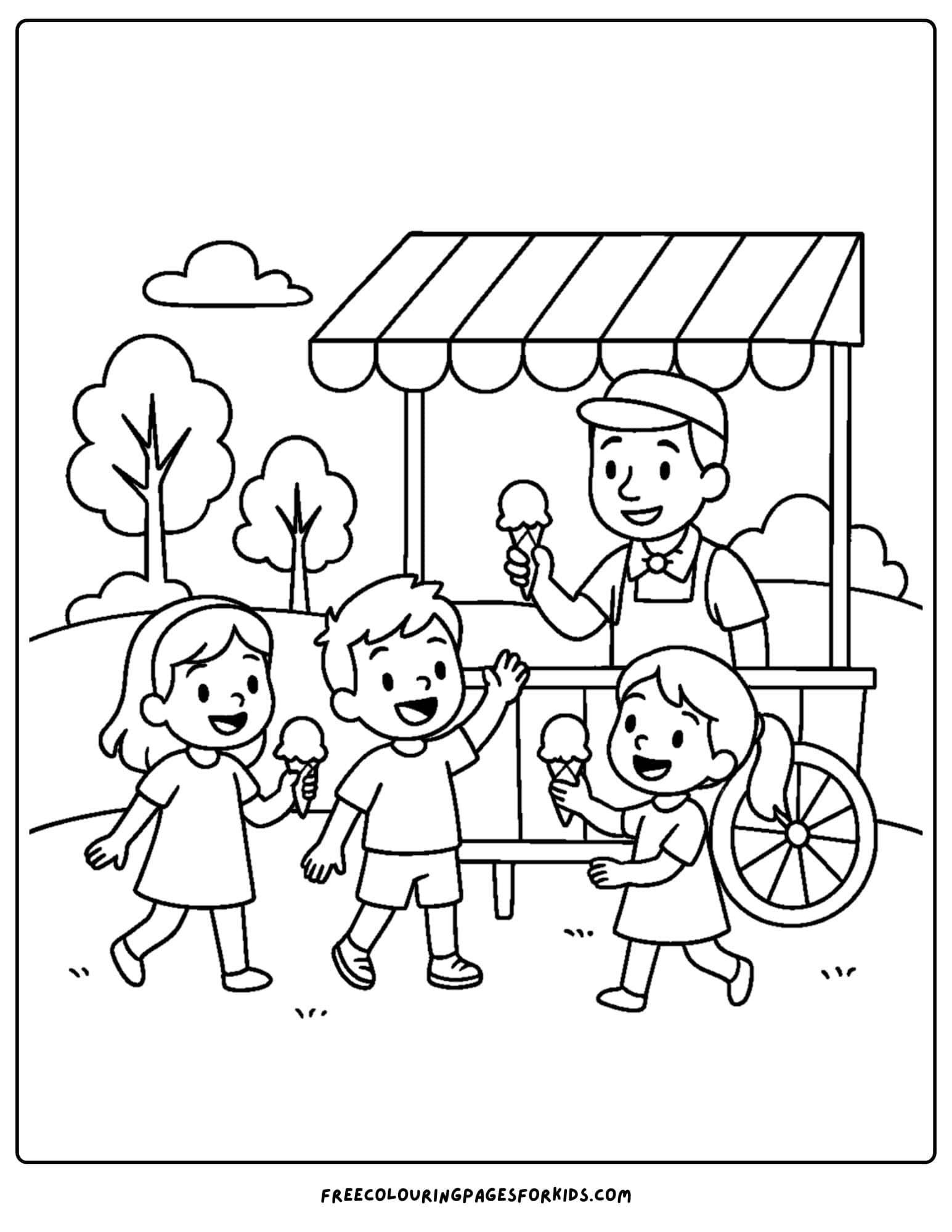 a park themed coloring page featuring kids getting ice cream from the ice cream stand