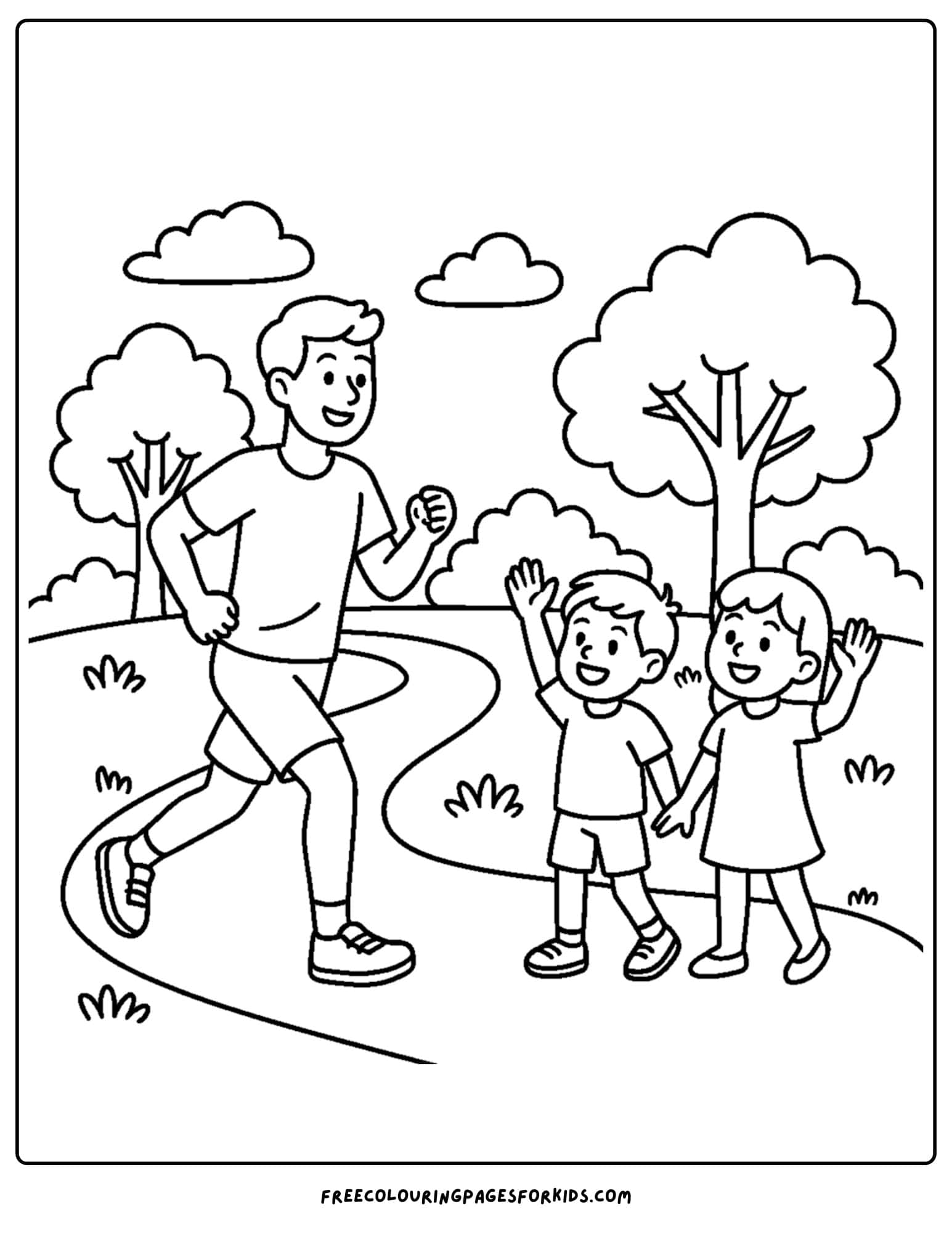 a park themed coloring page featuring kids watching a jogger in the park