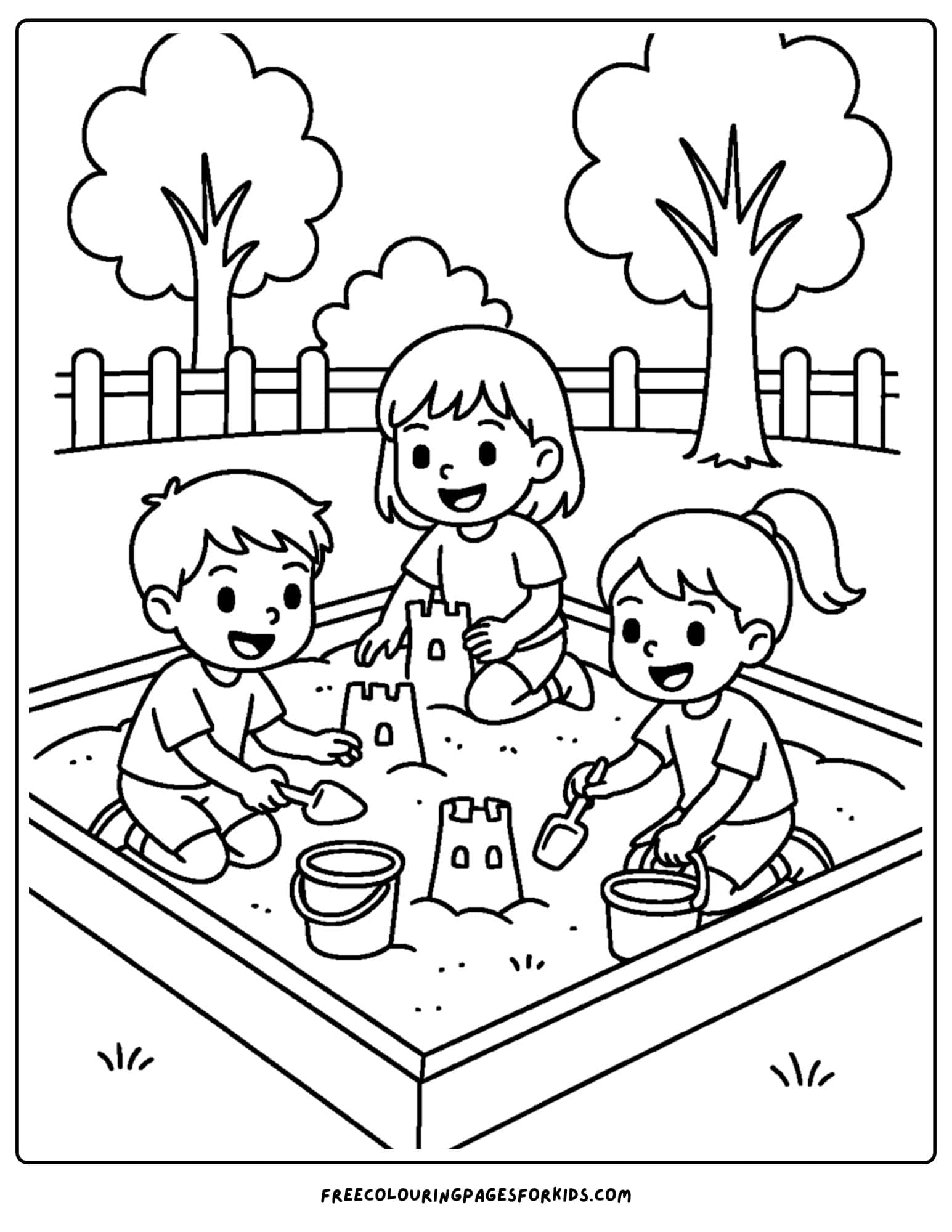 a park themed coloring page featuring kids building sandcastles