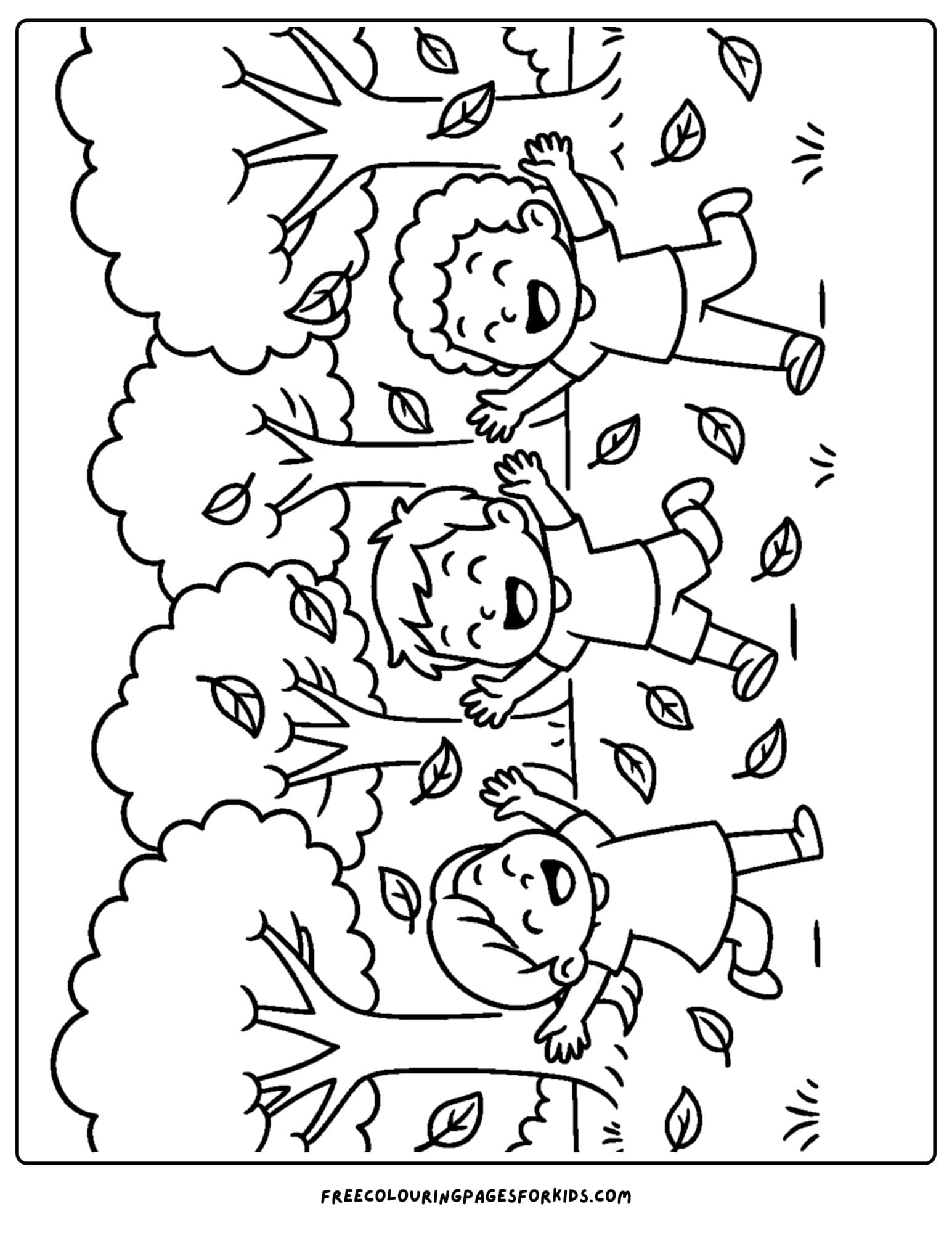 a park themed coloring page featuring kids catching leaves
