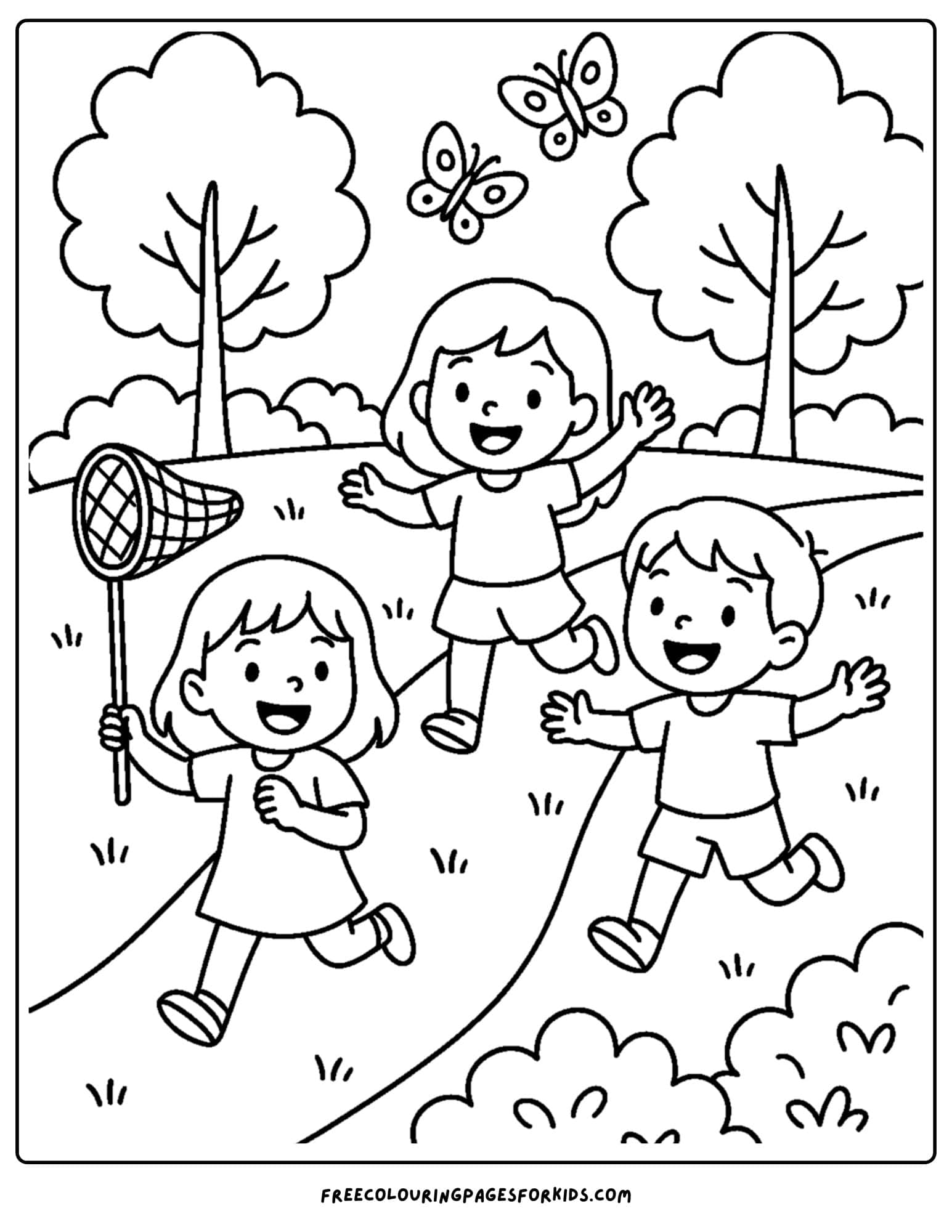 a park themed coloring page featuring kids chasing butterflies