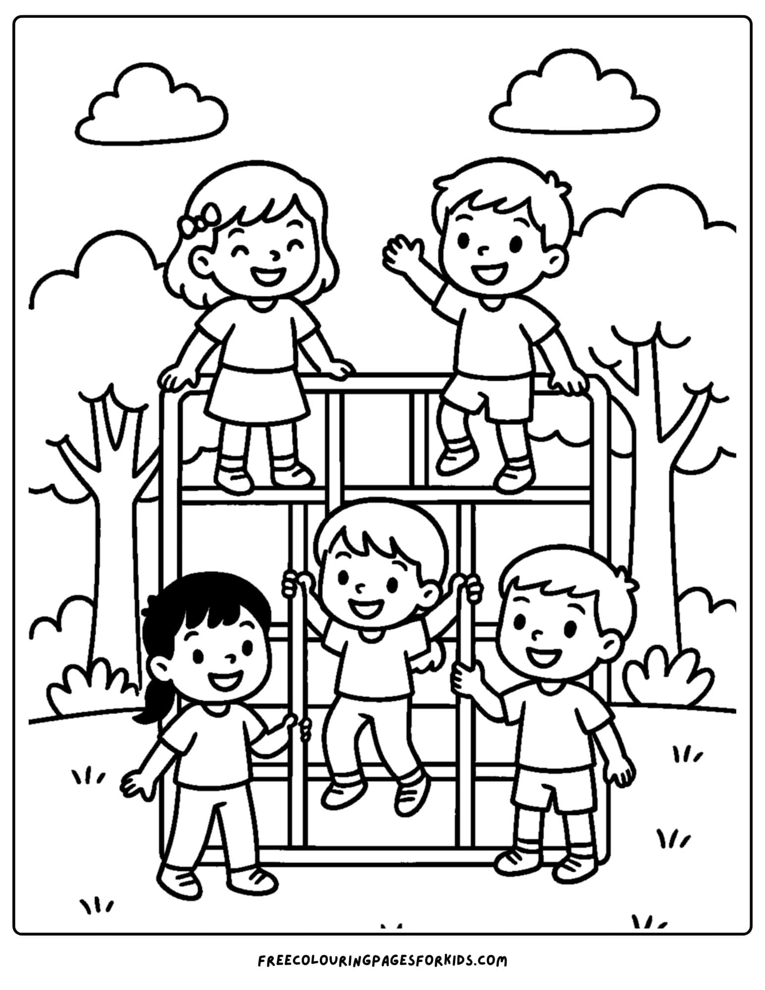 a park themed coloring page featuring kids climbing on a jungle gym