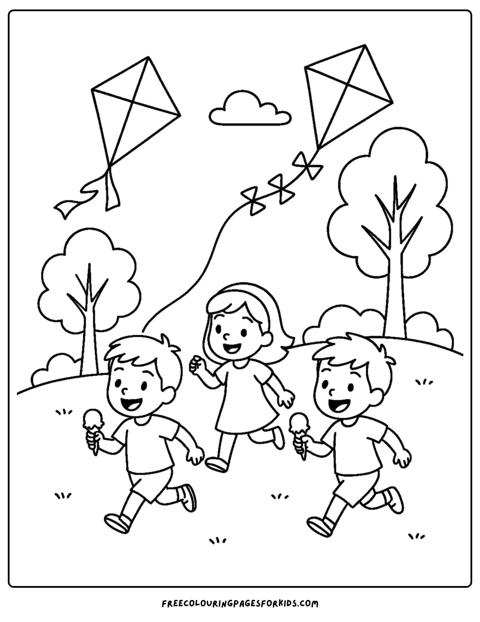 a park themed coloring page featuring running in the park with ice cream as kites fly overhead