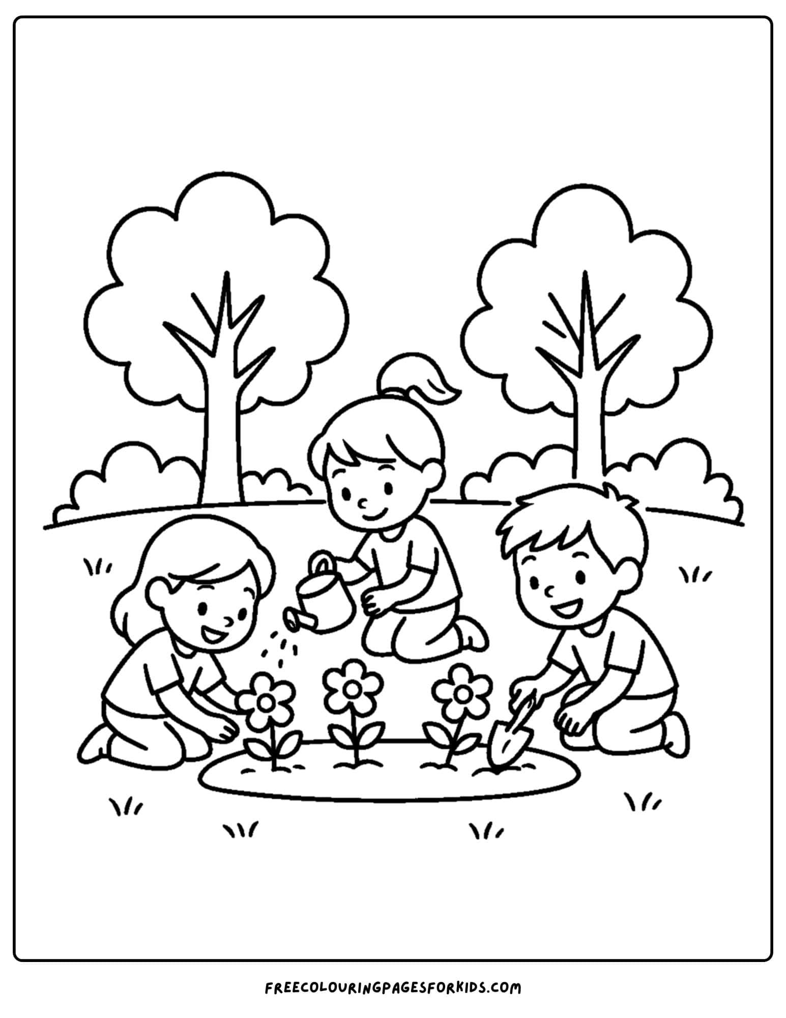 a park themed coloring page featuring kids planting flowers in the park