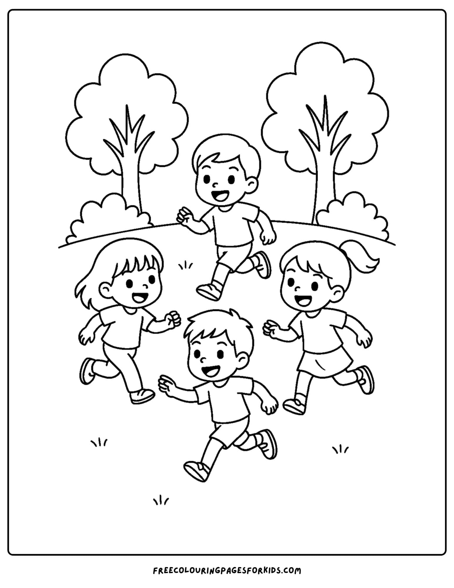 a park themed coloring page featuring kids playing tag