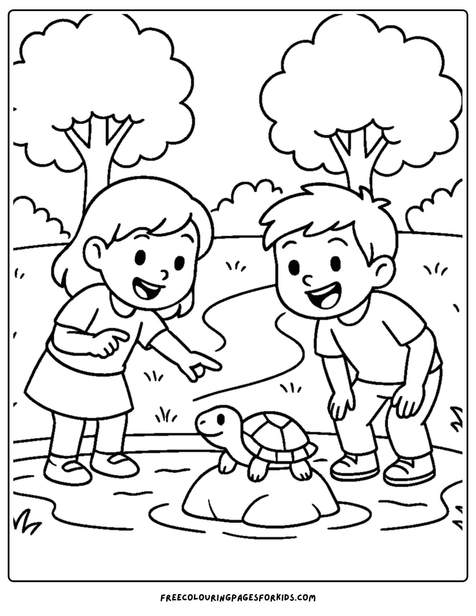 a park themed coloring page featuring kids looking a a turtle in the park