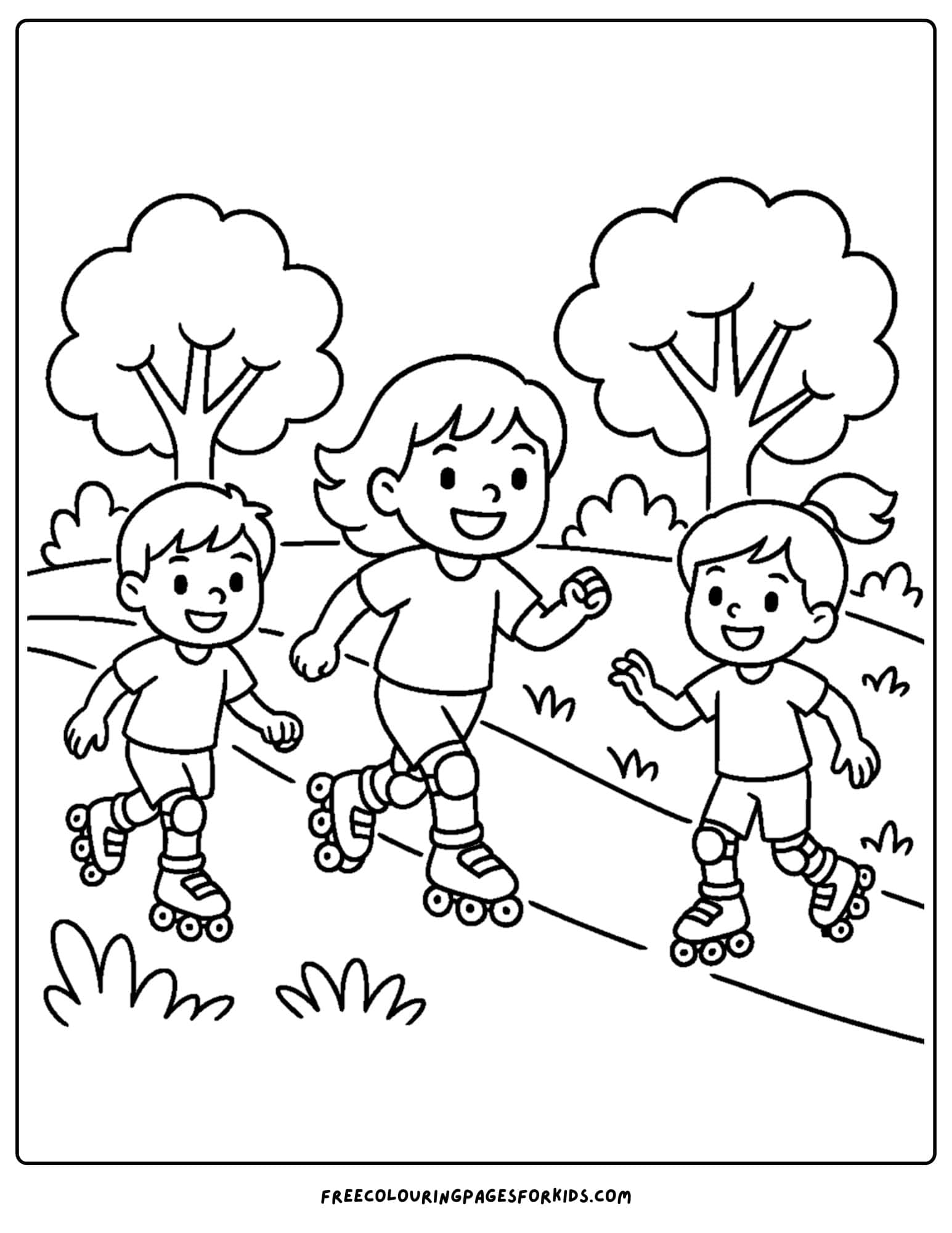 a park themed coloring page featuring kids going roller skating