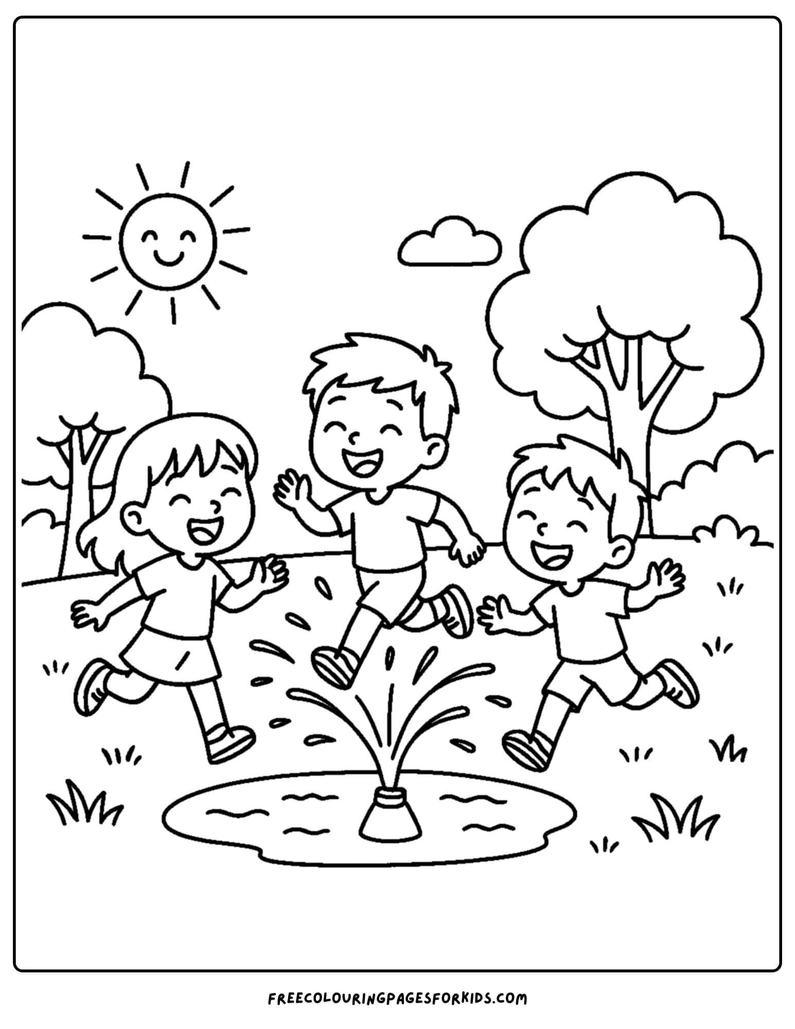 a park themed coloring page featuring kids running under a sprinkler on a hot day in the park